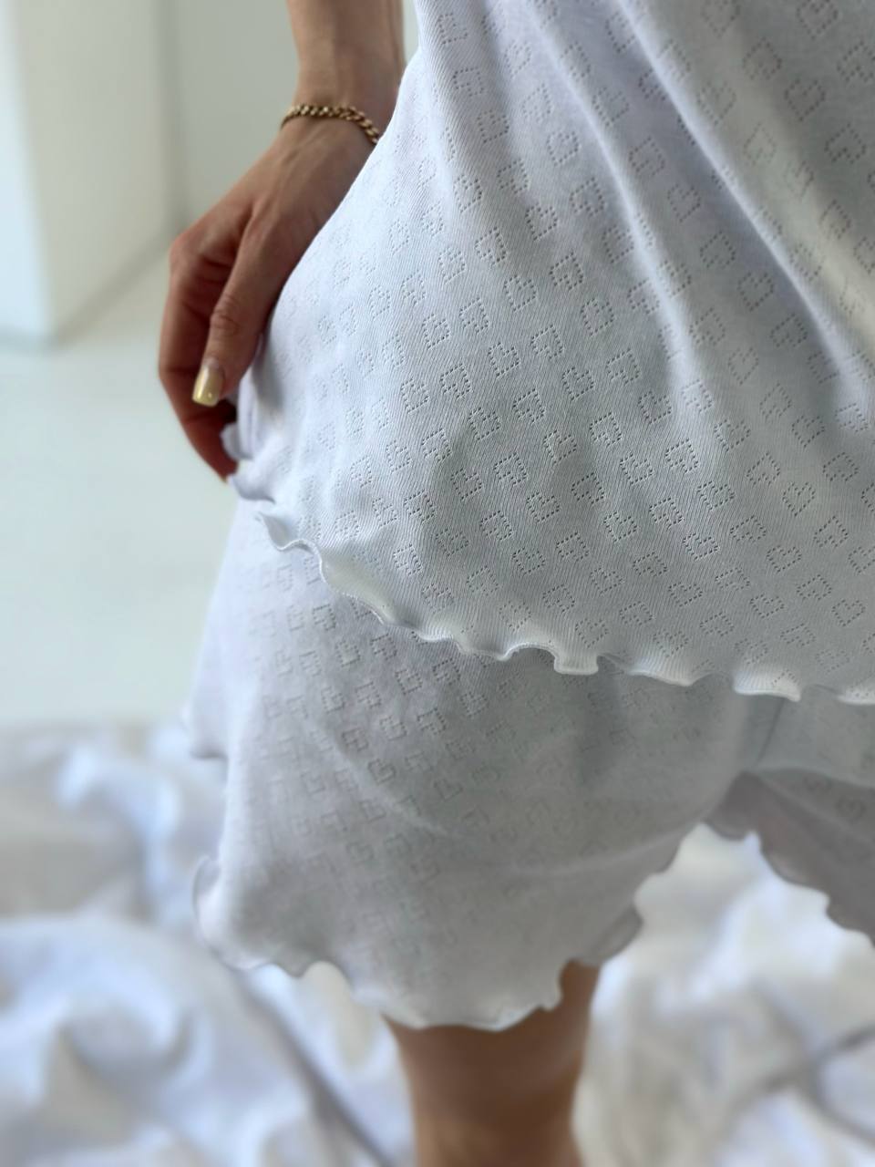 White Cotton Pajama Set- Short Sleeve & Shorts