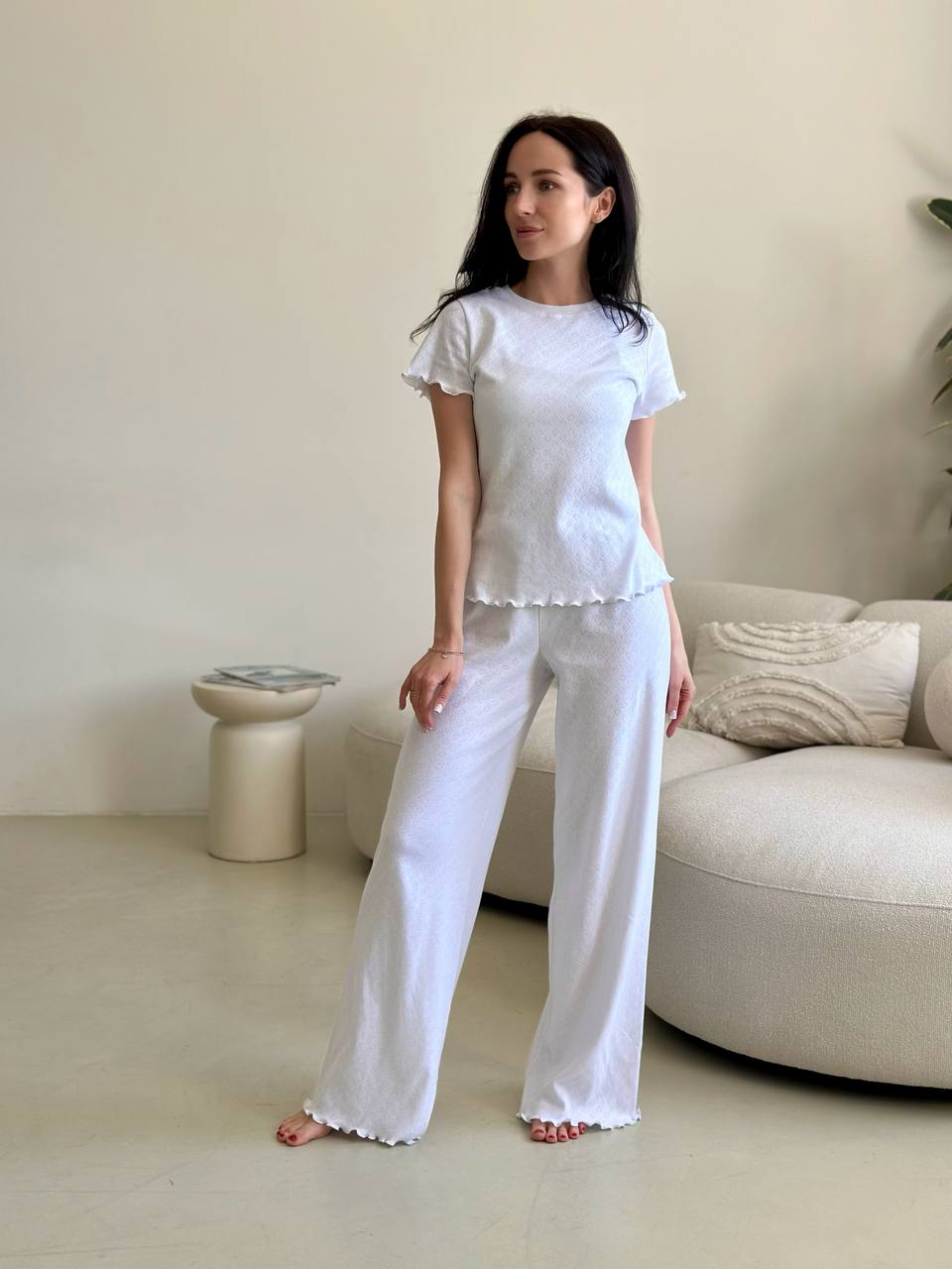 White Cotton Pajama Set- Short Sleeve & Pants