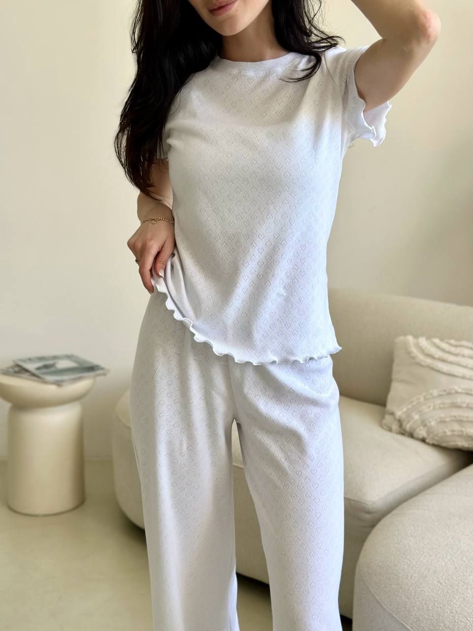 White Cotton Pajama Set- Short Sleeve & Pants