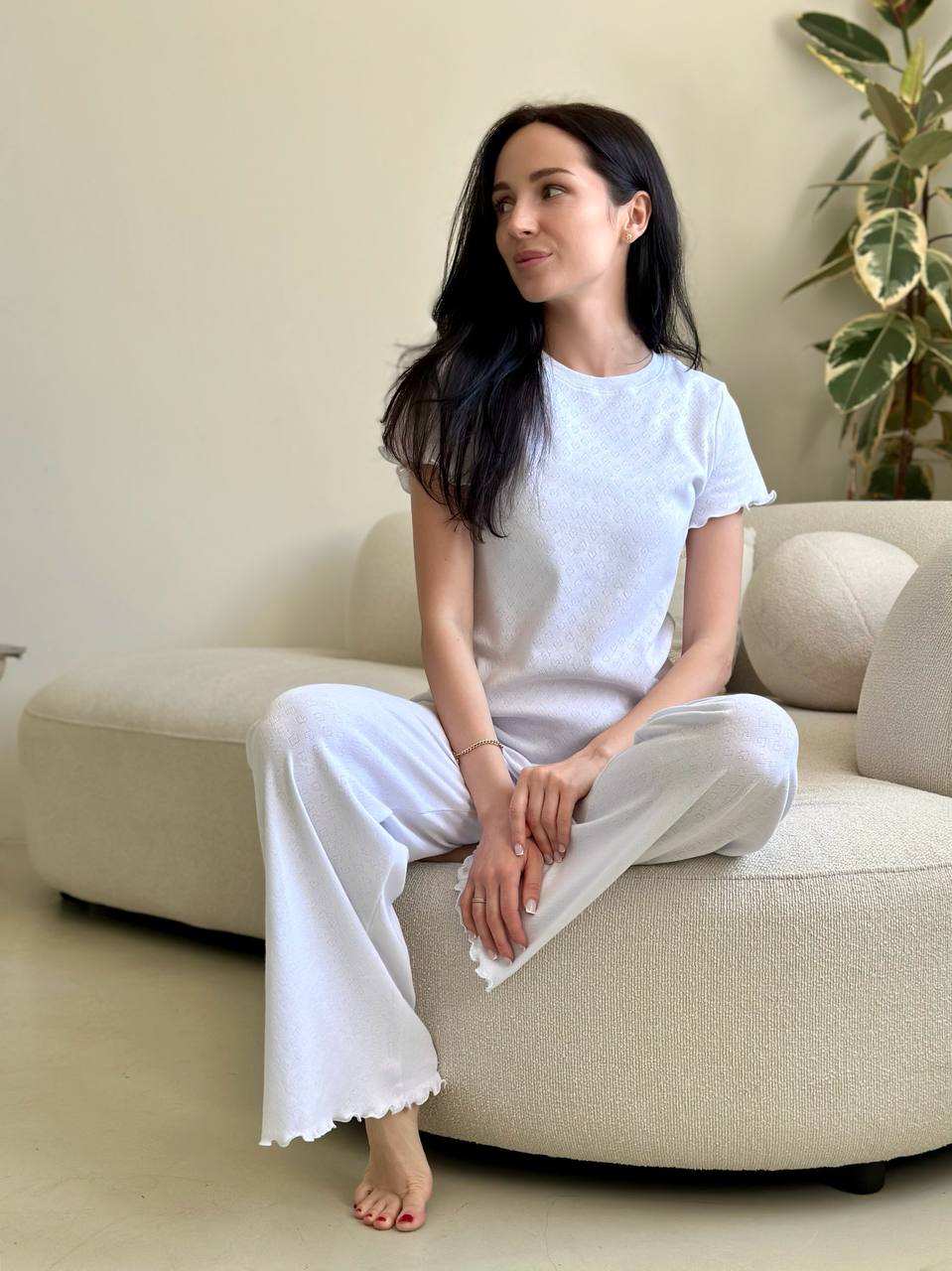 White Cotton Pajama Set- Short Sleeve & Pants