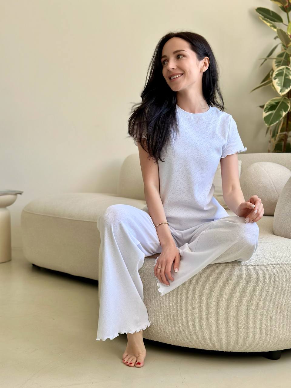 White Cotton Pajama Set- Short Sleeve & Pants