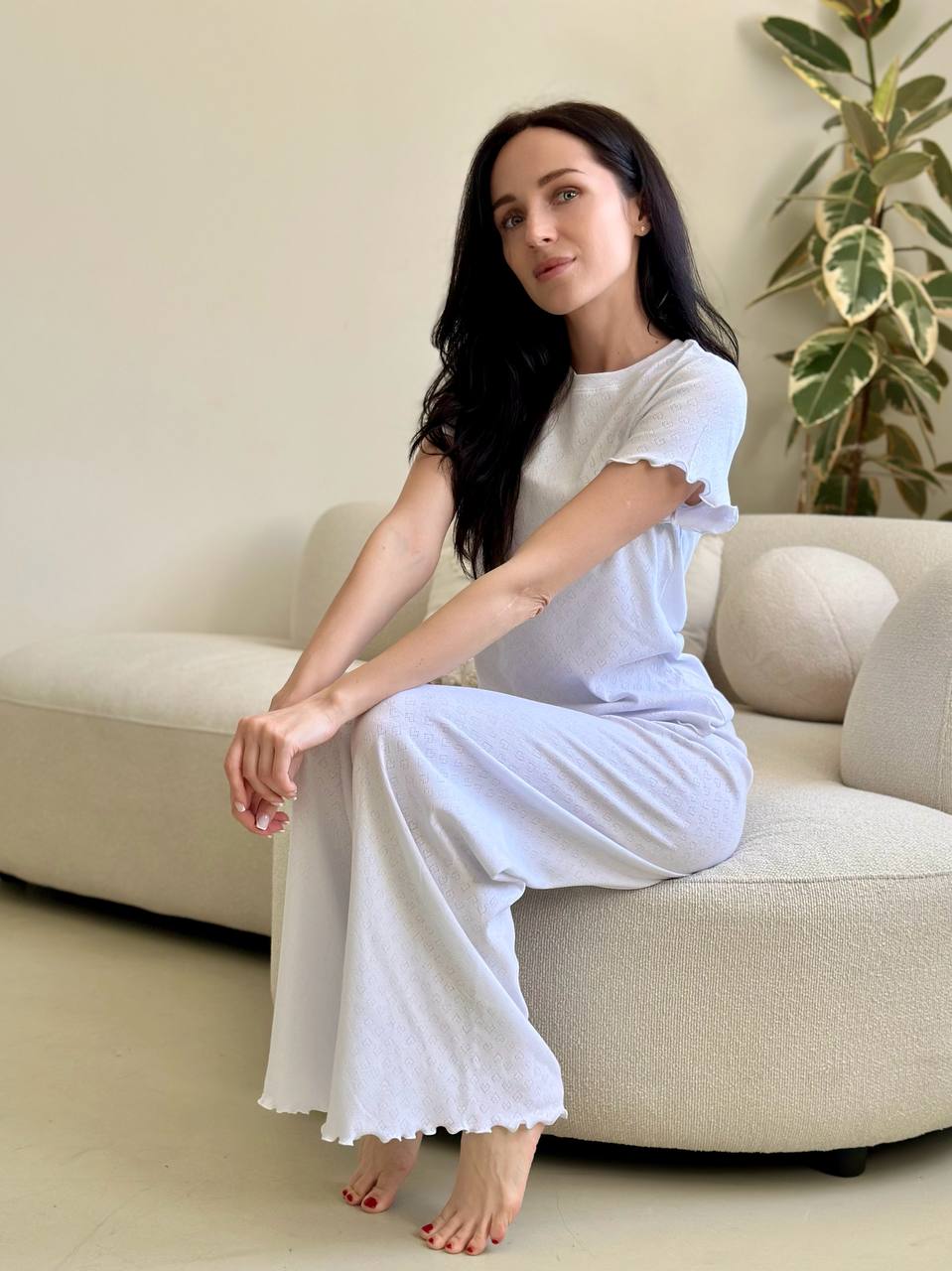 White Cotton Pajama Set- Short Sleeve & Pants