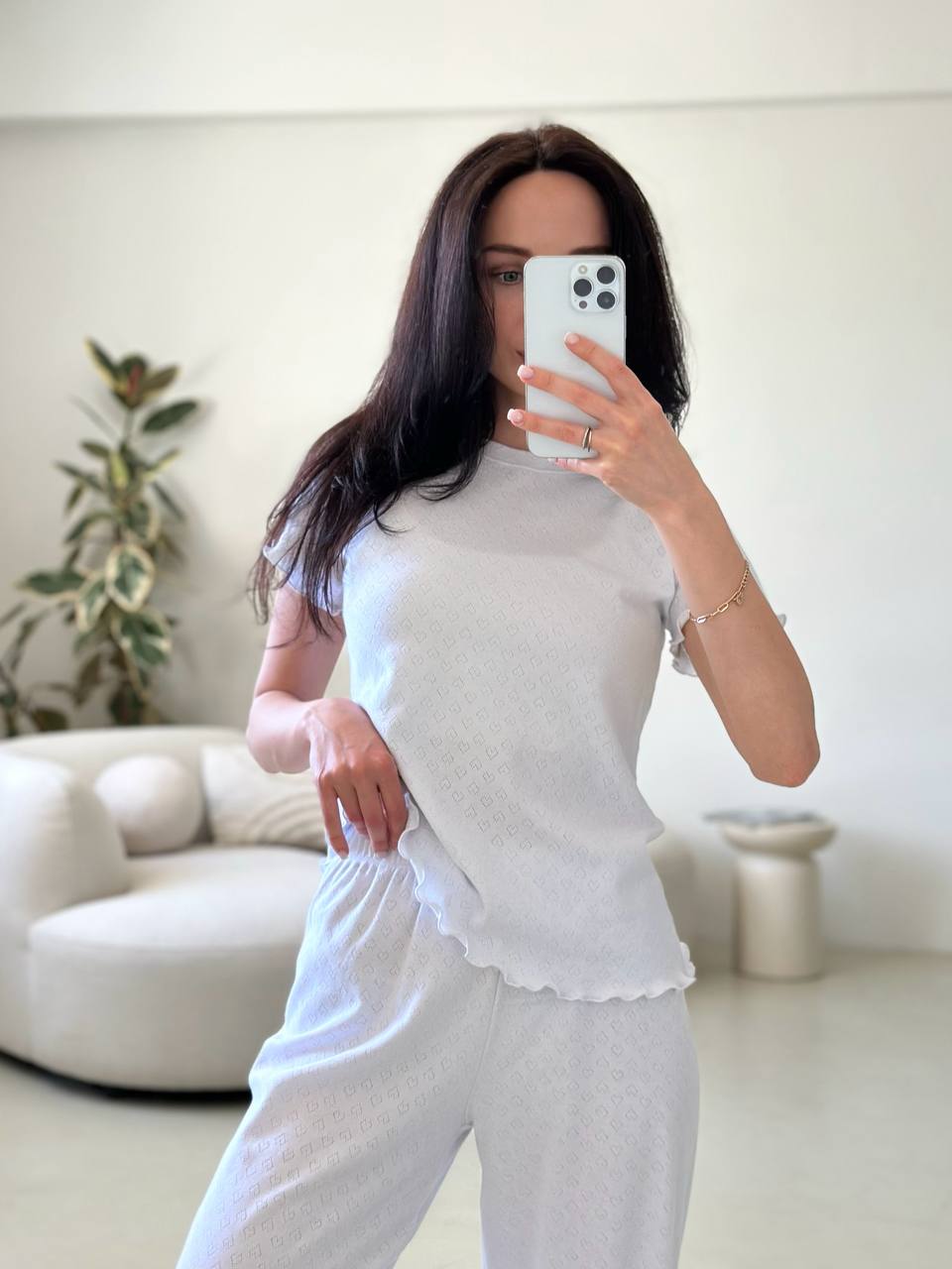 White Cotton Pajama Set- Short Sleeve & Pants