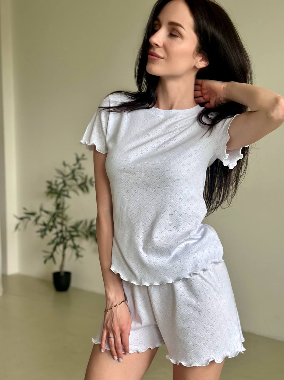 3-Piece Cotton Pajama Set with Ruffles – T-Shirt, Shorts & Pants