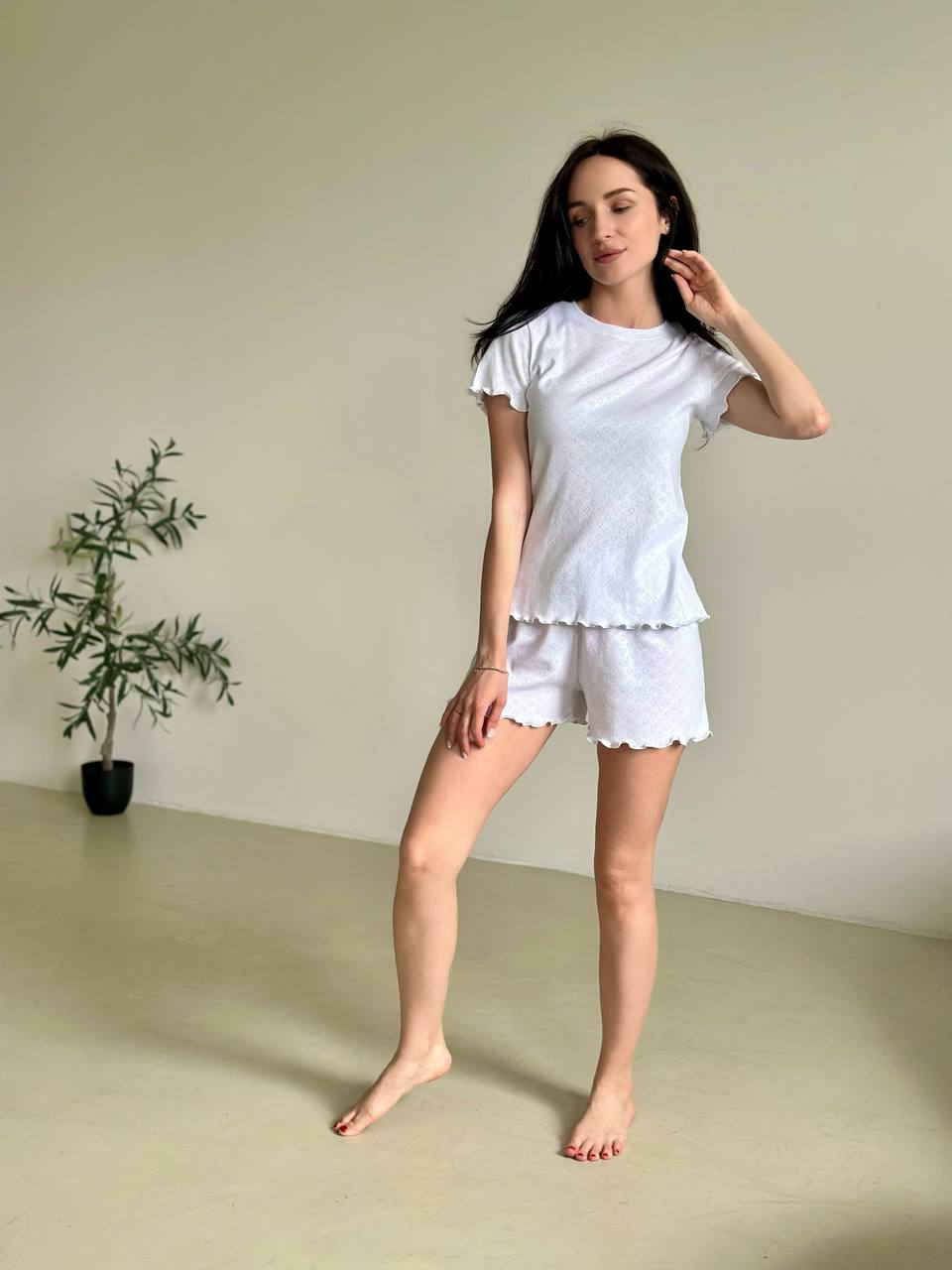 3-Piece Cotton Pajama Set with Ruffles – T-Shirt, Shorts & Pants