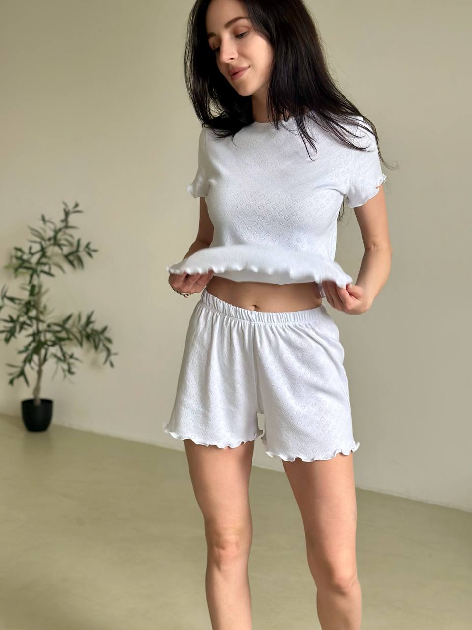 3-Piece Cotton Pajama Set with Ruffles – T-Shirt, Shorts & Pants