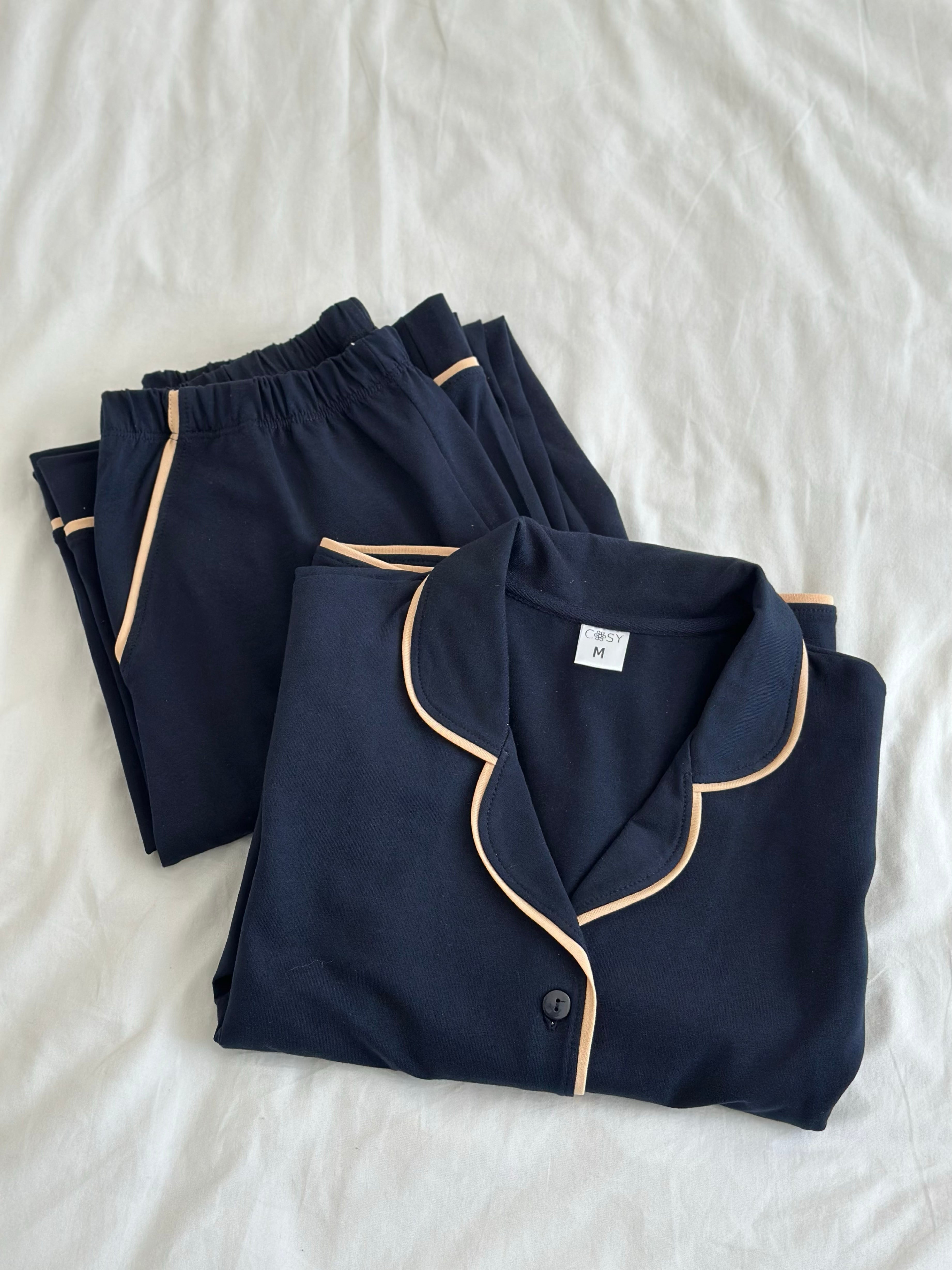 Navy Blue Women Pajama Set, Classic Sleepwear for Her, Women Luxury Long Sleeve pjs, pajama party outfit