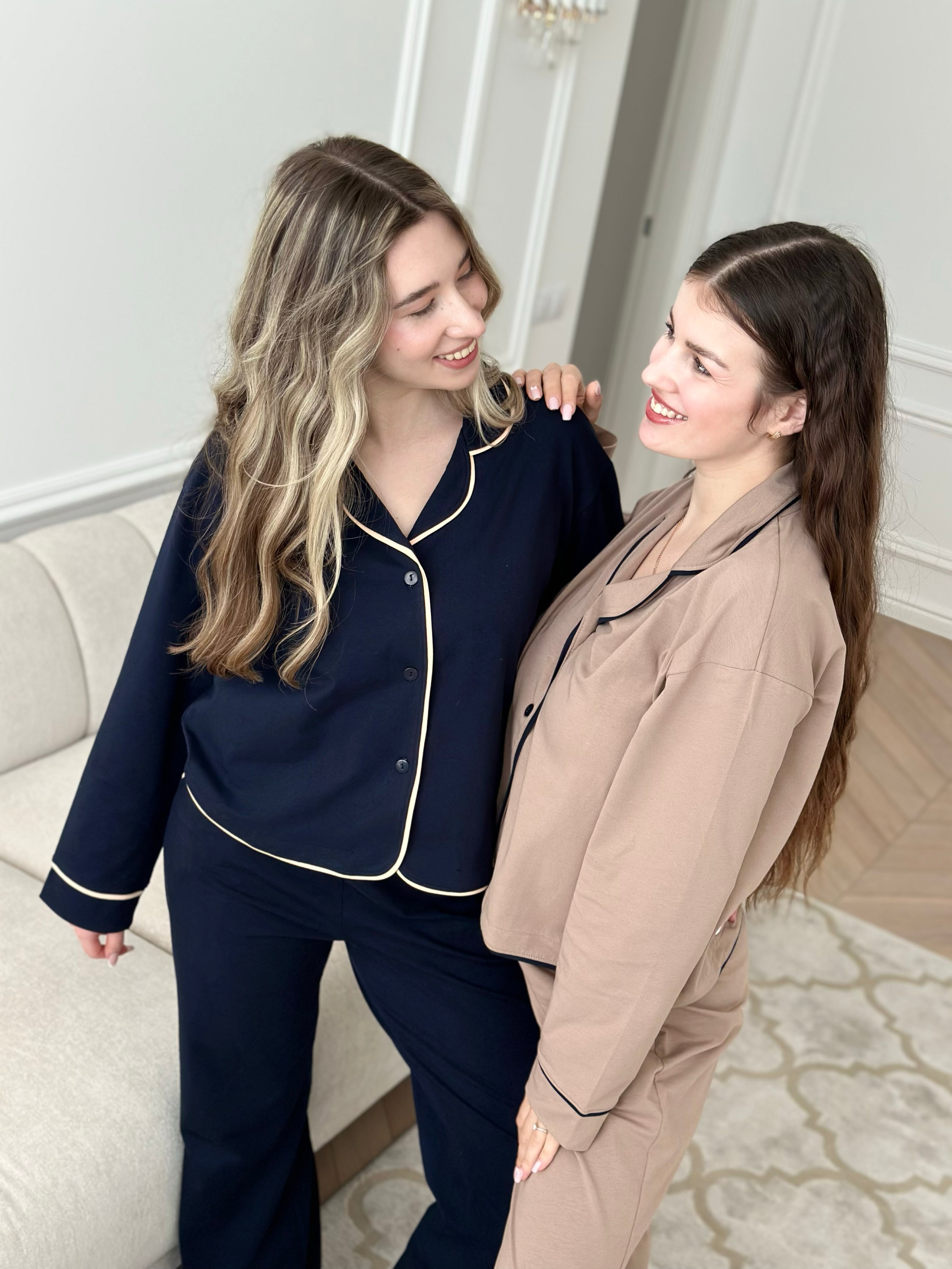 Navy Blue Women Pajama Set, Classic Sleepwear for Her, Women Luxury Long Sleeve pjs, pajama party outfit