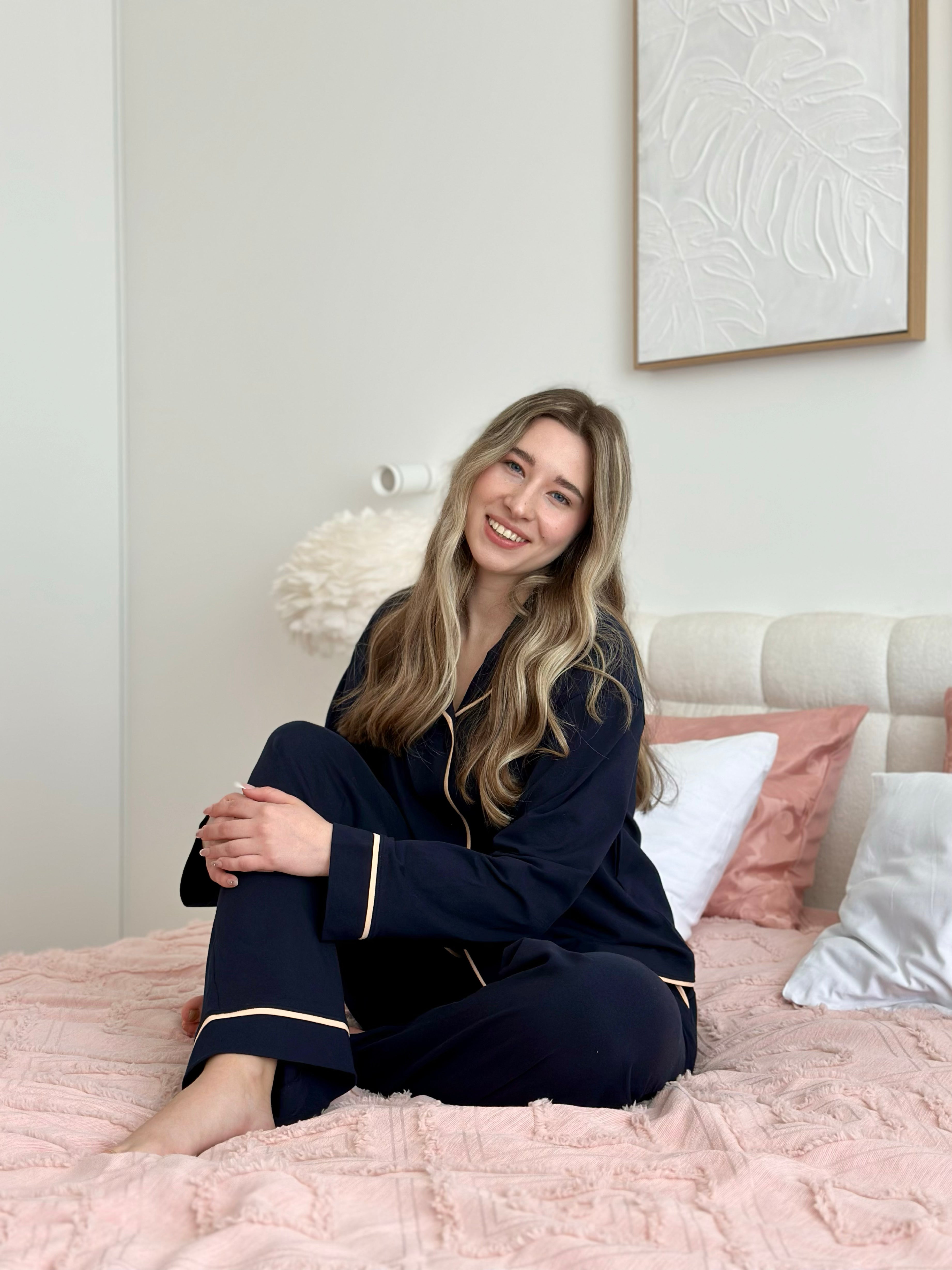 Navy Blue Women Pajama Set, Classic Sleepwear for Her, Women Luxury Long Sleeve pjs, pajama party outfit