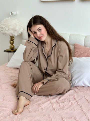 Beige Women Pajama Set, Classic Sleepwear for Her, Women Luxury Long Sleeve pjs, pajama party outfit (Copy)