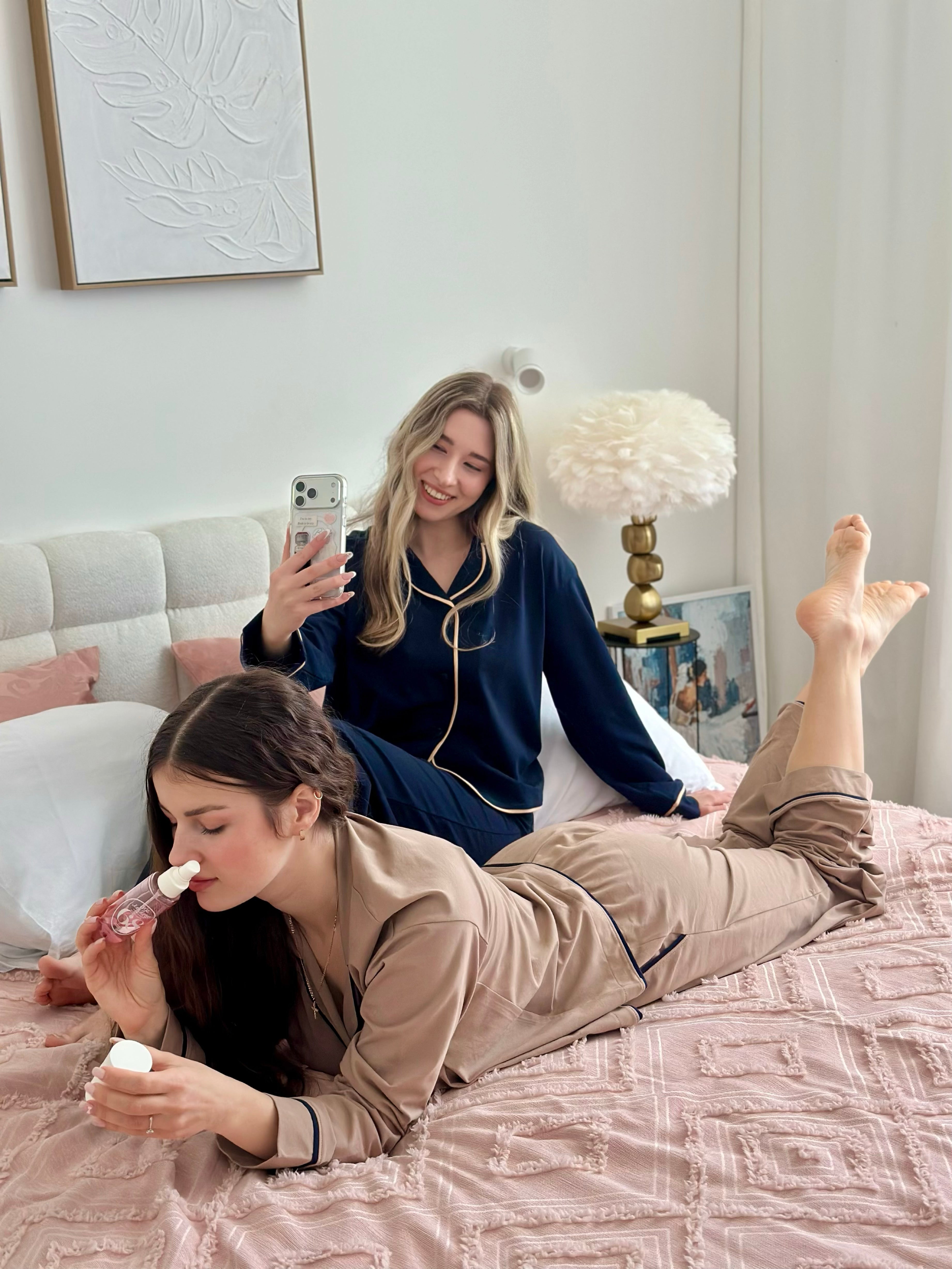 Navy Blue Women Pajama Set, Classic Sleepwear for Her, Women Luxury Long Sleeve pjs, pajama party outfit