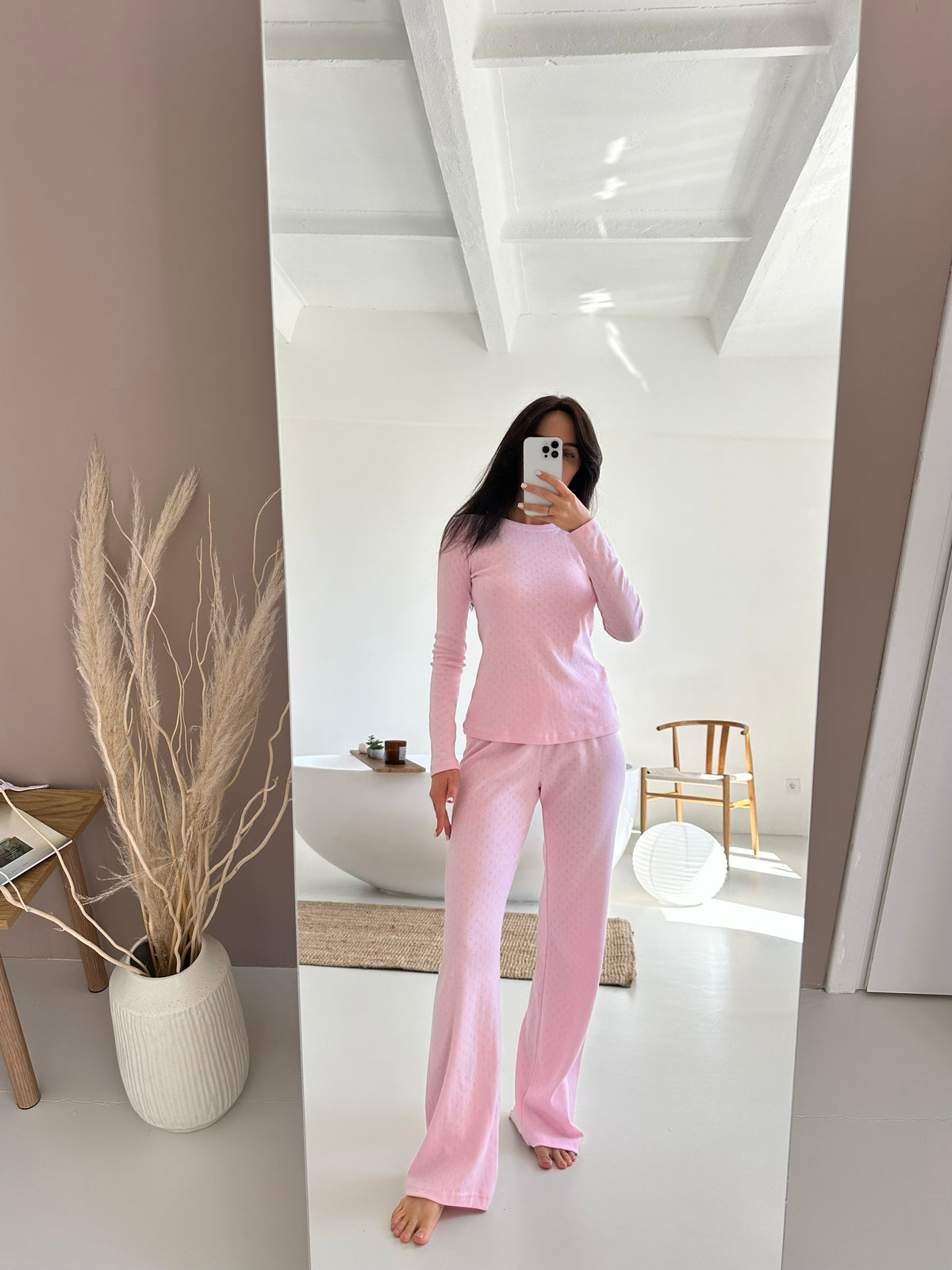 Damen-Baumwollpyjama-Set, Langarm- und Hosenpyjama aus Baumwolle, weiches Homewear-Schlafanzug-Set, rosa Pyjama mit Herzchenmuster, kuschelige Nachtwäsche für Damen