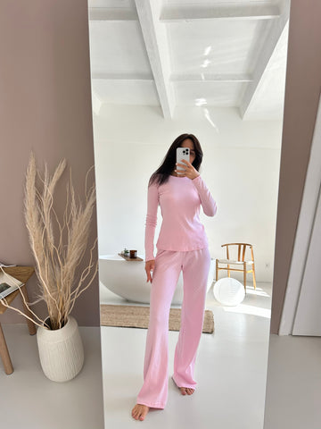 Damen-Baumwollpyjama-Set, Langarm- und Hosenpyjama aus Baumwolle, weiches Homewear-Schlafanzug-Set, rosa Pyjama mit Herzchenmuster, kuschelige Nachtwäsche für Damen