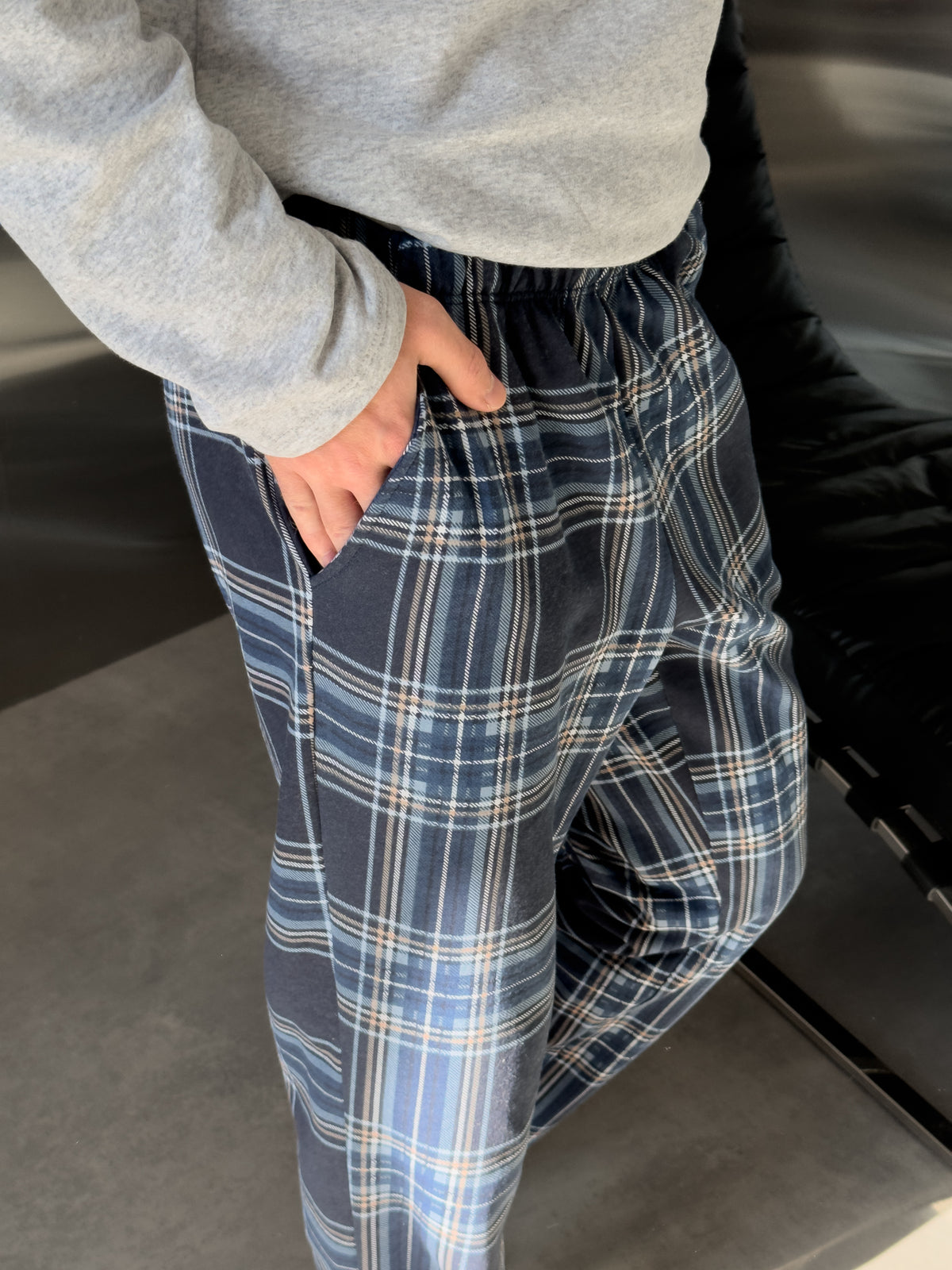 Herren-Flanellpyjama-Set in Rot und Blau mit Taschen