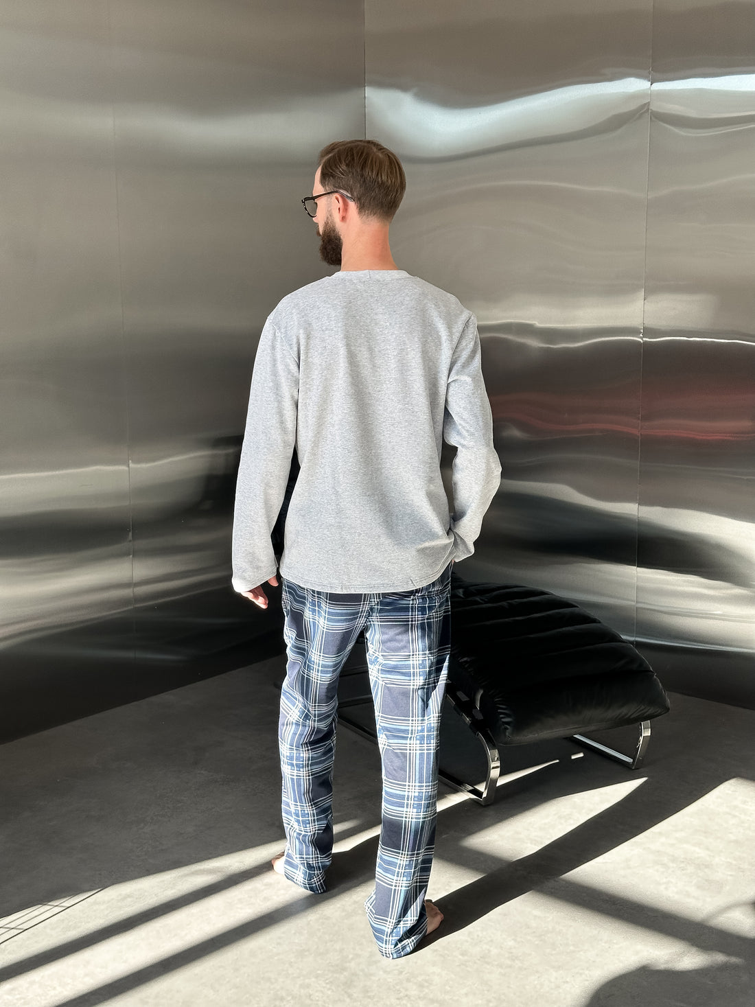 Herren-Flanellpyjama-Set in Rot und Blau mit Taschen