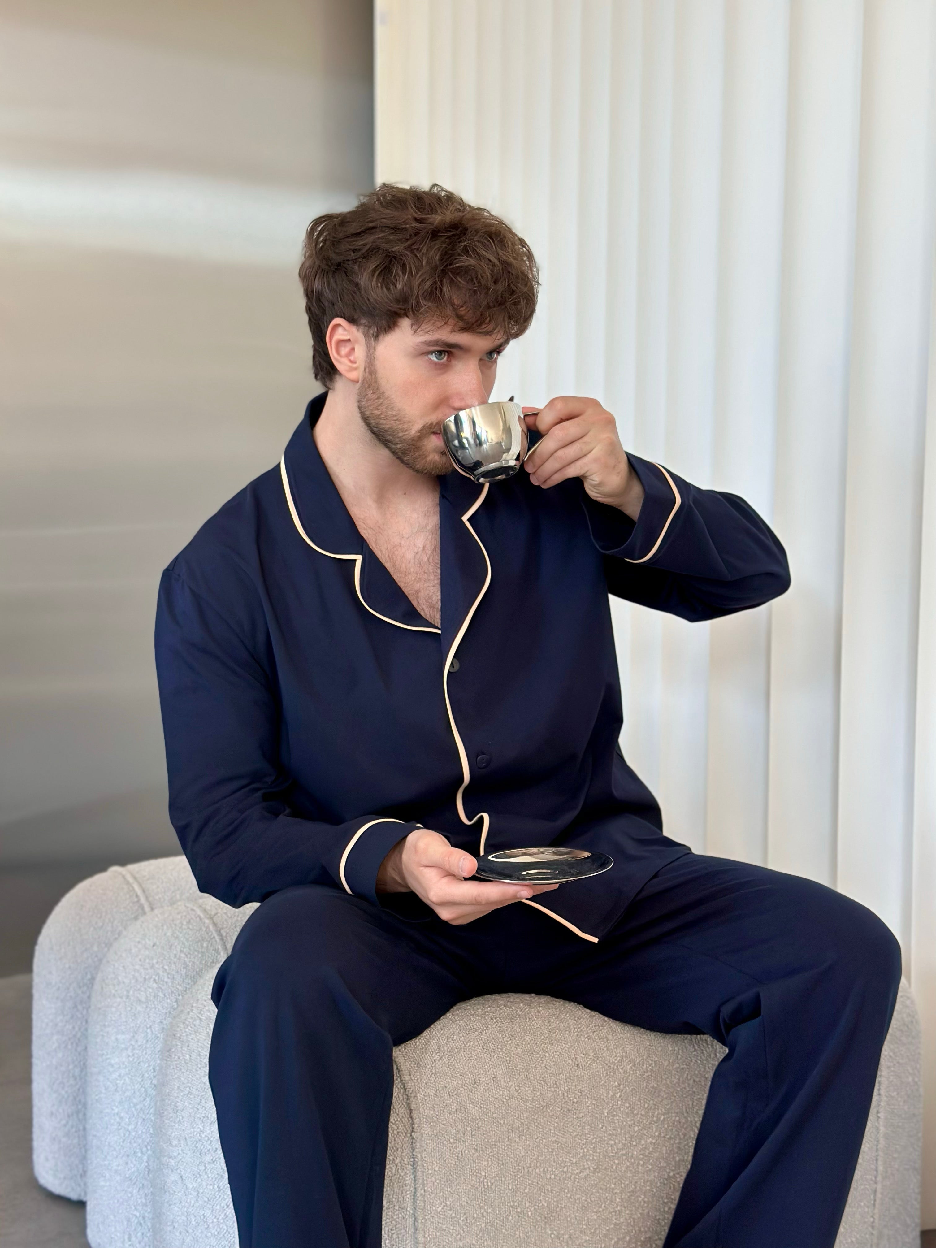Navy Blue Men Pajama, Pants - Shirt Set, Natural Sleepwear, Long Sleeve Outfit, Homeware for Him, Men pjs