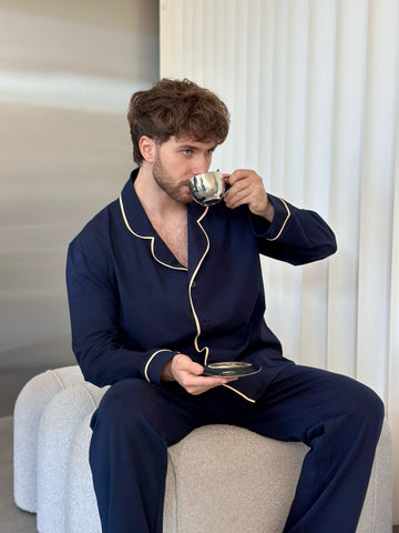 Navy Blue Men Pajama, Pants - Shirt Set, Natural Sleepwear, Long Sleeve Outfit, Homeware for Him, Men pjs