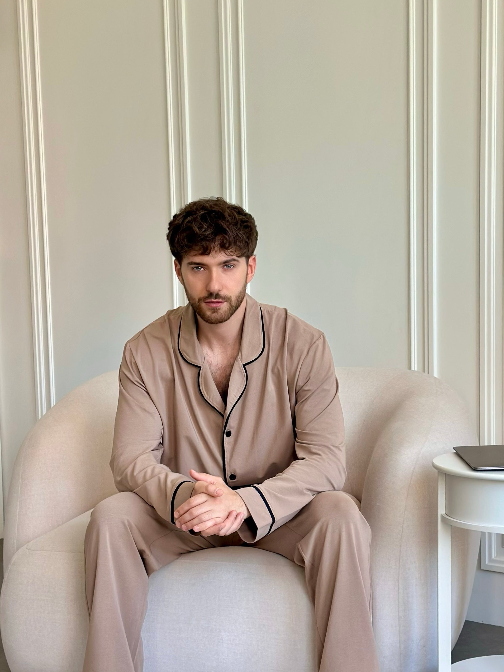 Navy Blue Men Pajama, Pants - Shirt Set, Natural Sleepwear, Long Sleeve Outfit, Homeware for Him, Men pjs