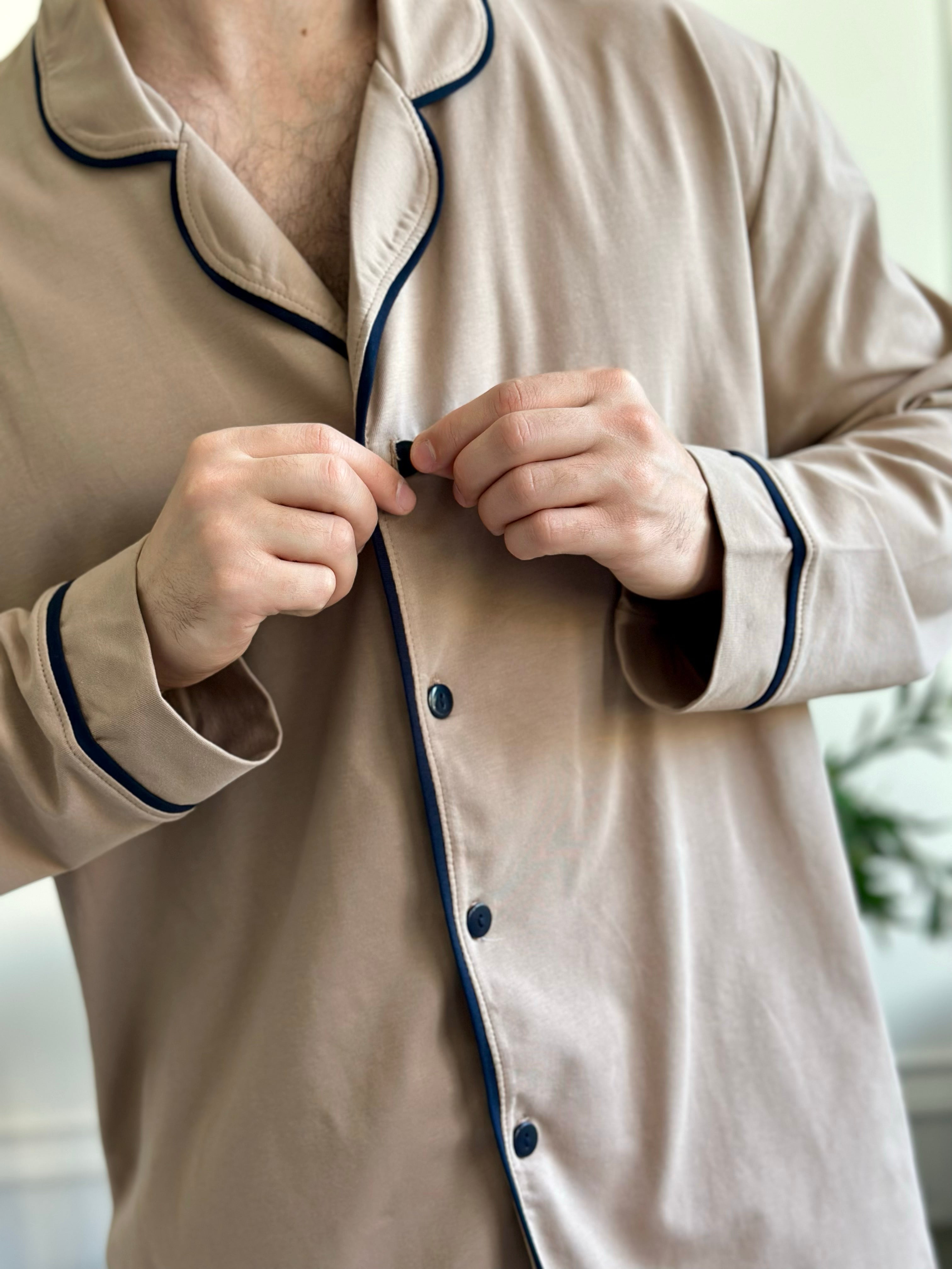 Navy Blue Men Pajama, Pants - Shirt Set, Natural Sleepwear, Long Sleeve Outfit, Homeware for Him, Men pjs