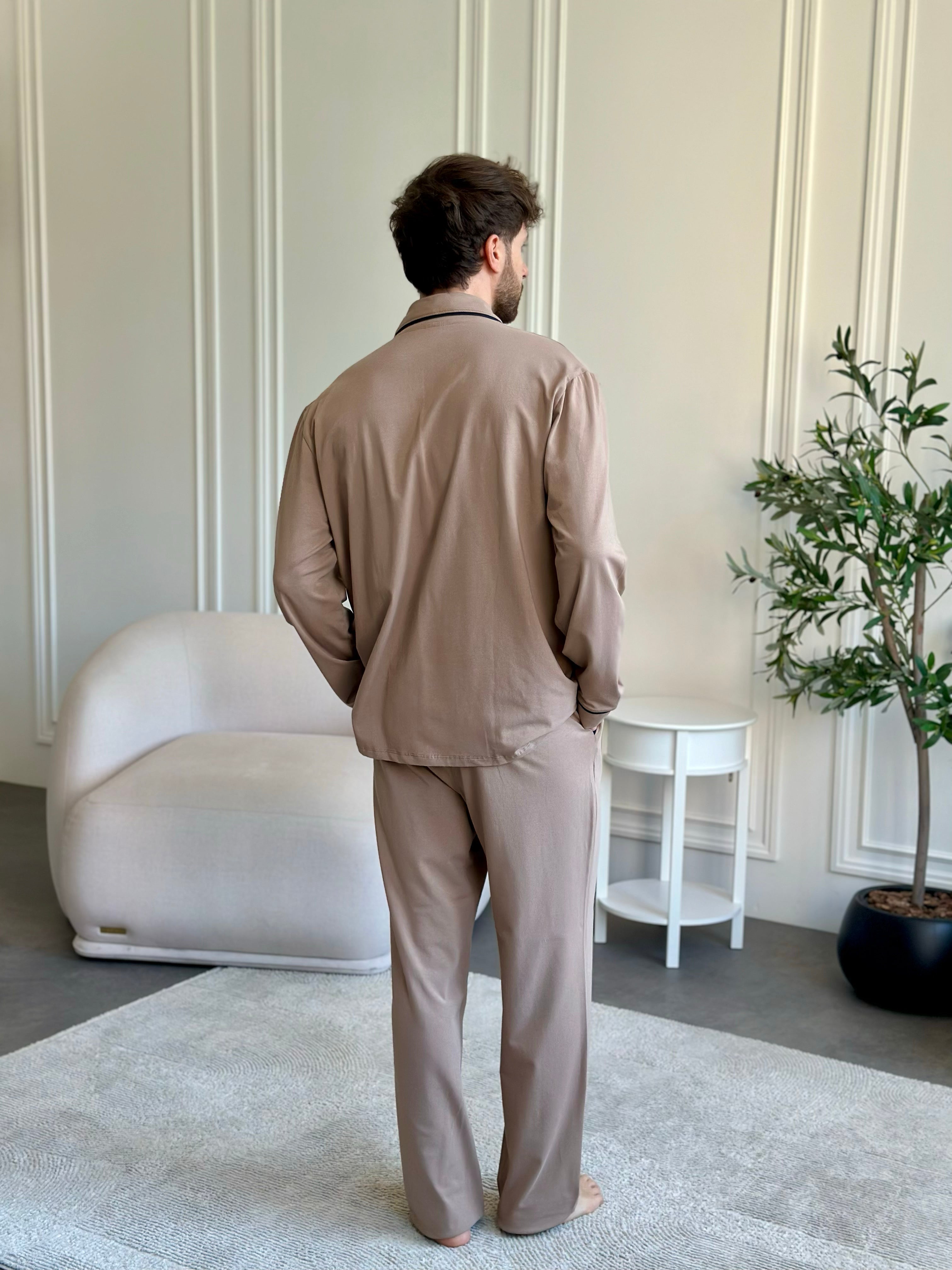 Navy Blue Men Pajama, Pants - Shirt Set, Natural Sleepwear, Long Sleeve Outfit, Homeware for Him, Men pjs