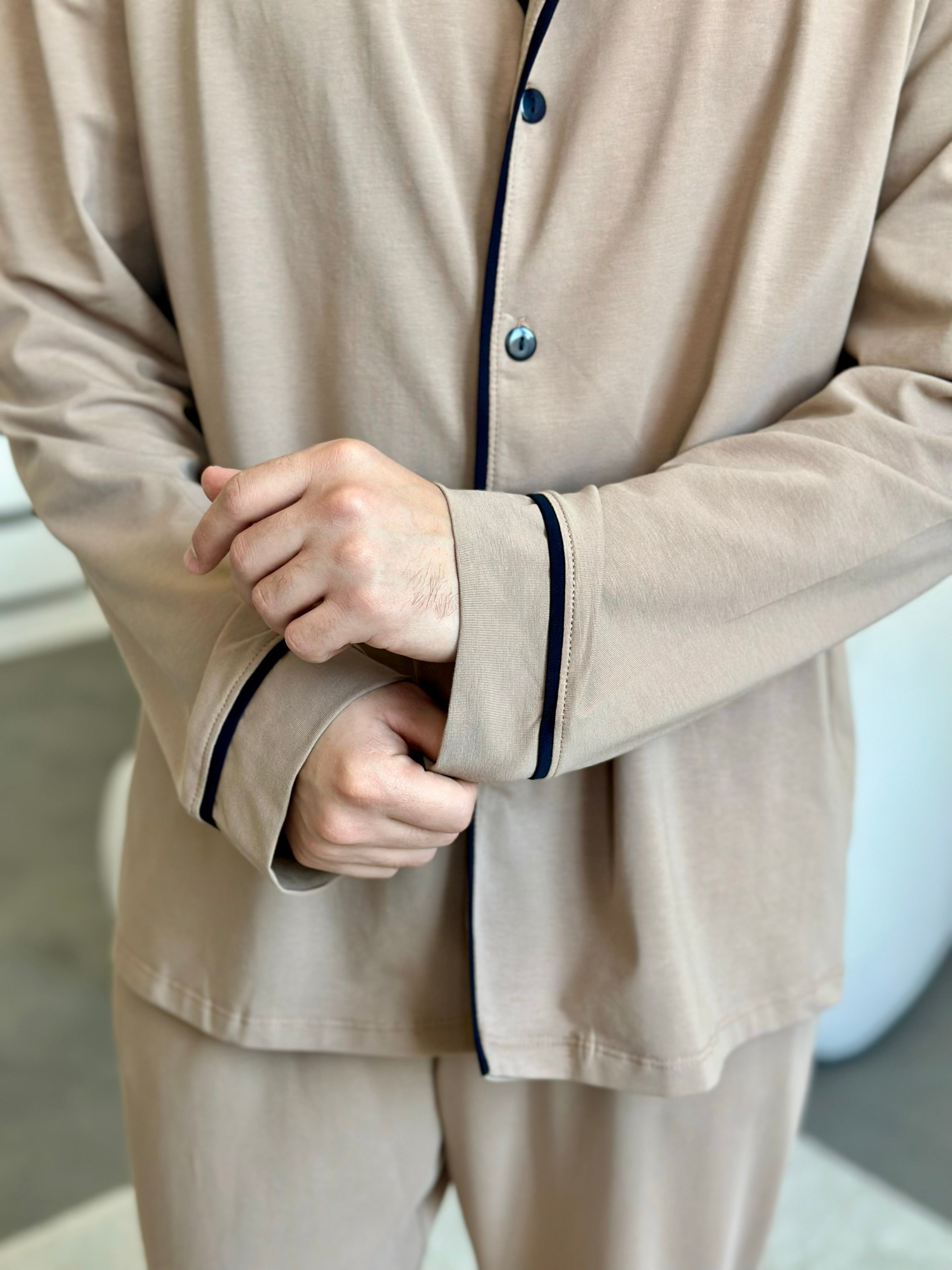 Navy Blue Men Pajama, Pants - Shirt Set, Natural Sleepwear, Long Sleeve Outfit, Homeware for Him, Men pjs