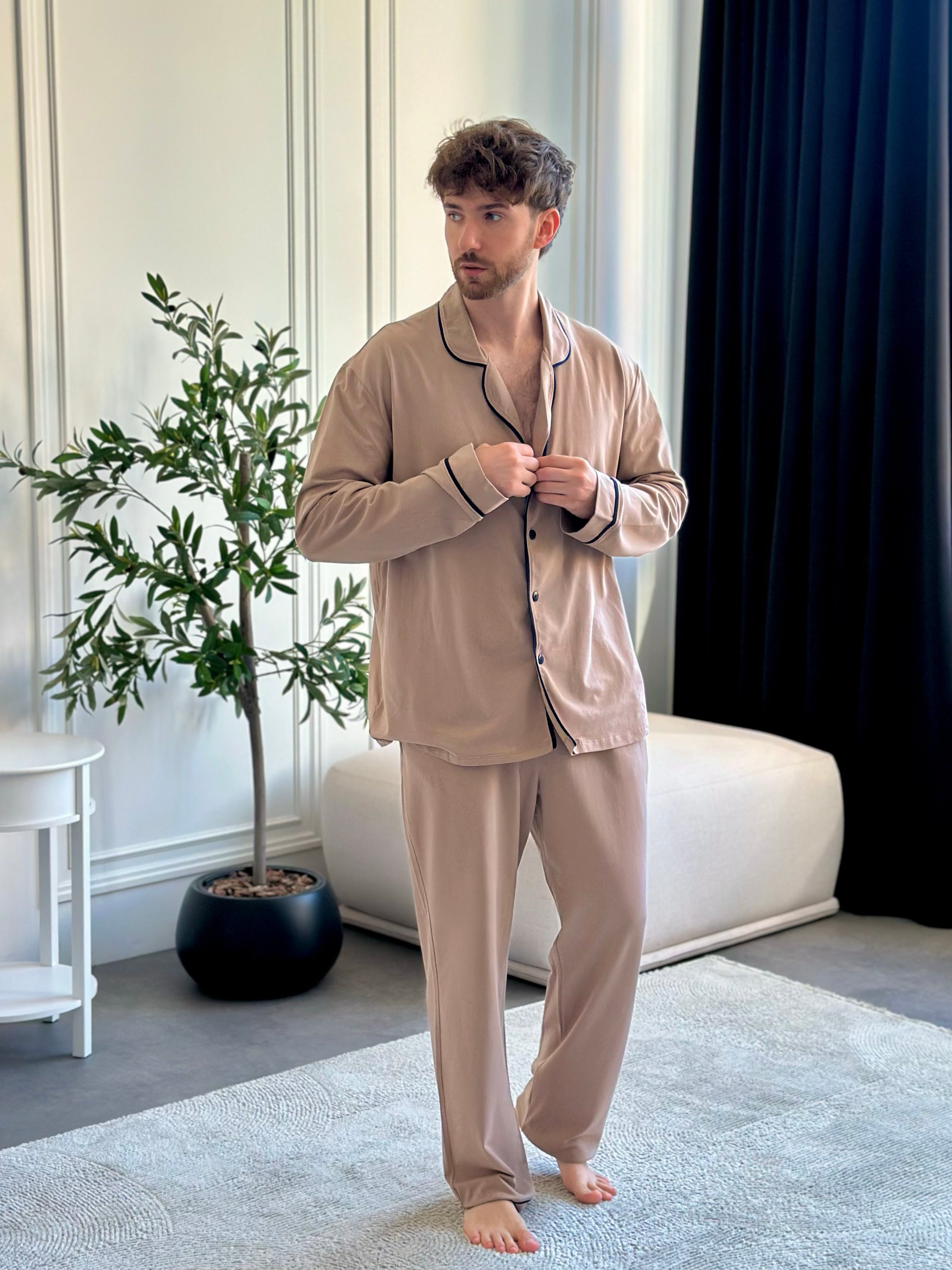 Navy Blue Men Pajama, Pants - Shirt Set, Natural Sleepwear, Long Sleeve Outfit, Homeware for Him, Men pjs