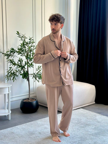 Beige Men Pajama, Pants - Shirt Set, Natural Sleepwear, Long Sleeve Outfit, Homeware for Him, Men pjs (Copy)