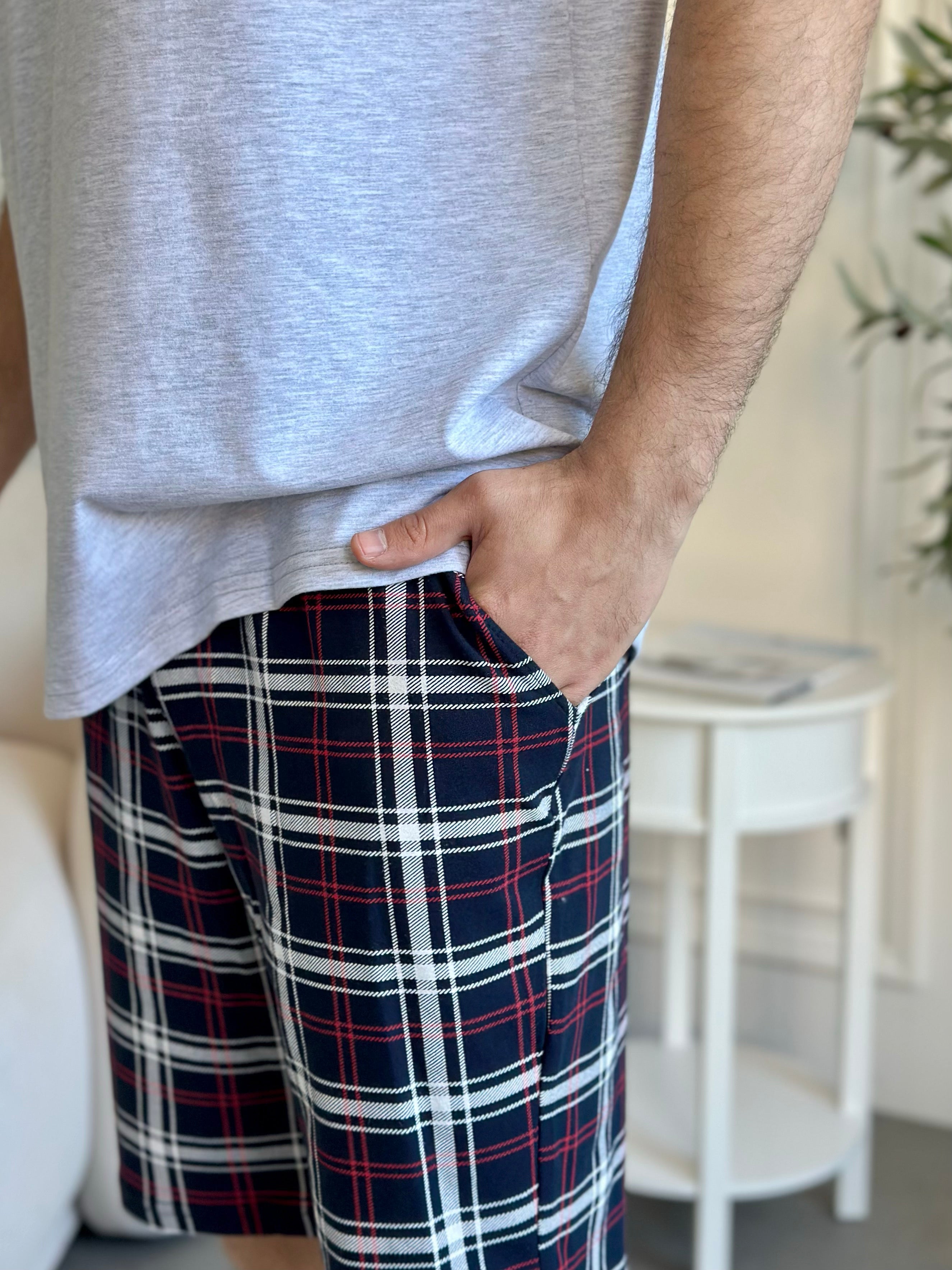 Ensemble pyjama en flanelle rouge et bleue pour homme avec poches