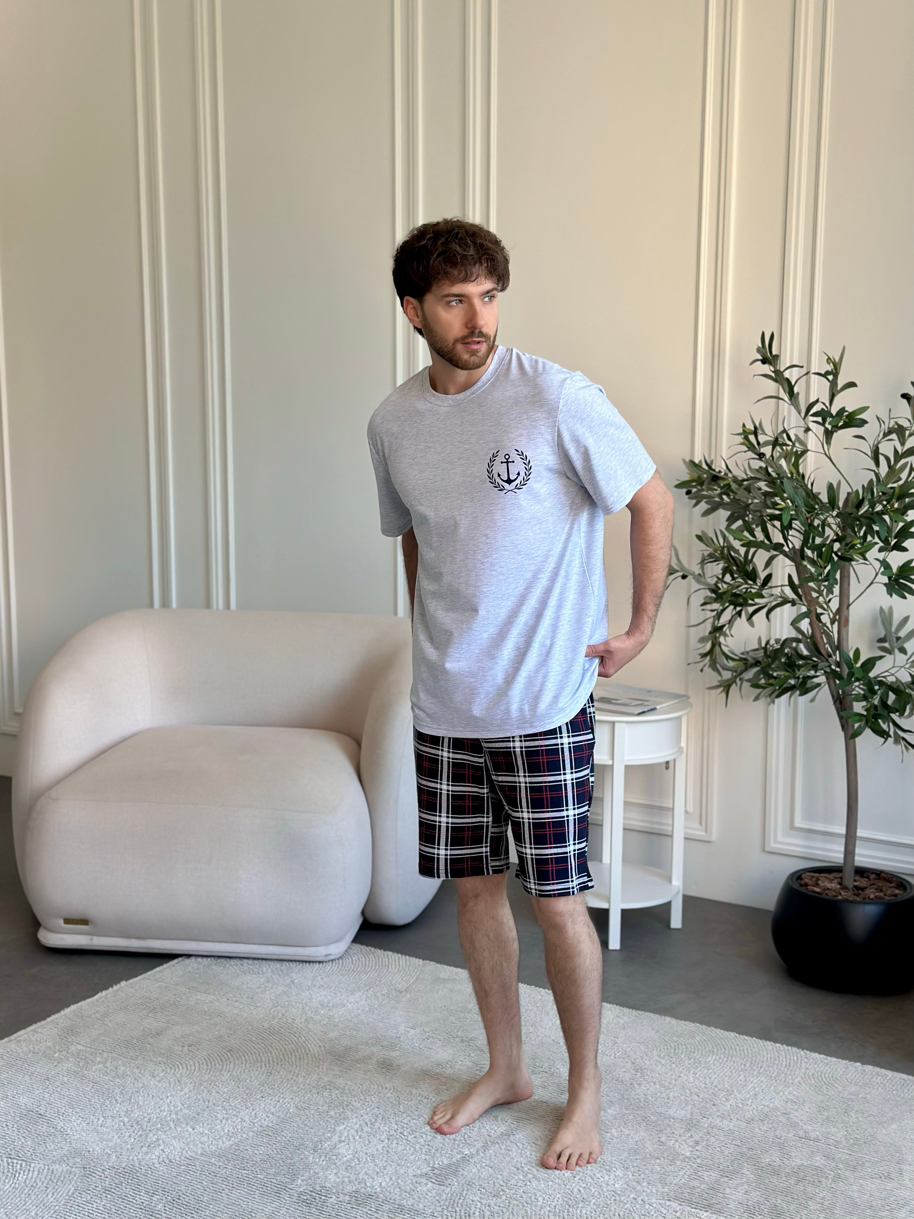 Ensemble pyjama en flanelle rouge et bleue pour homme avec poches