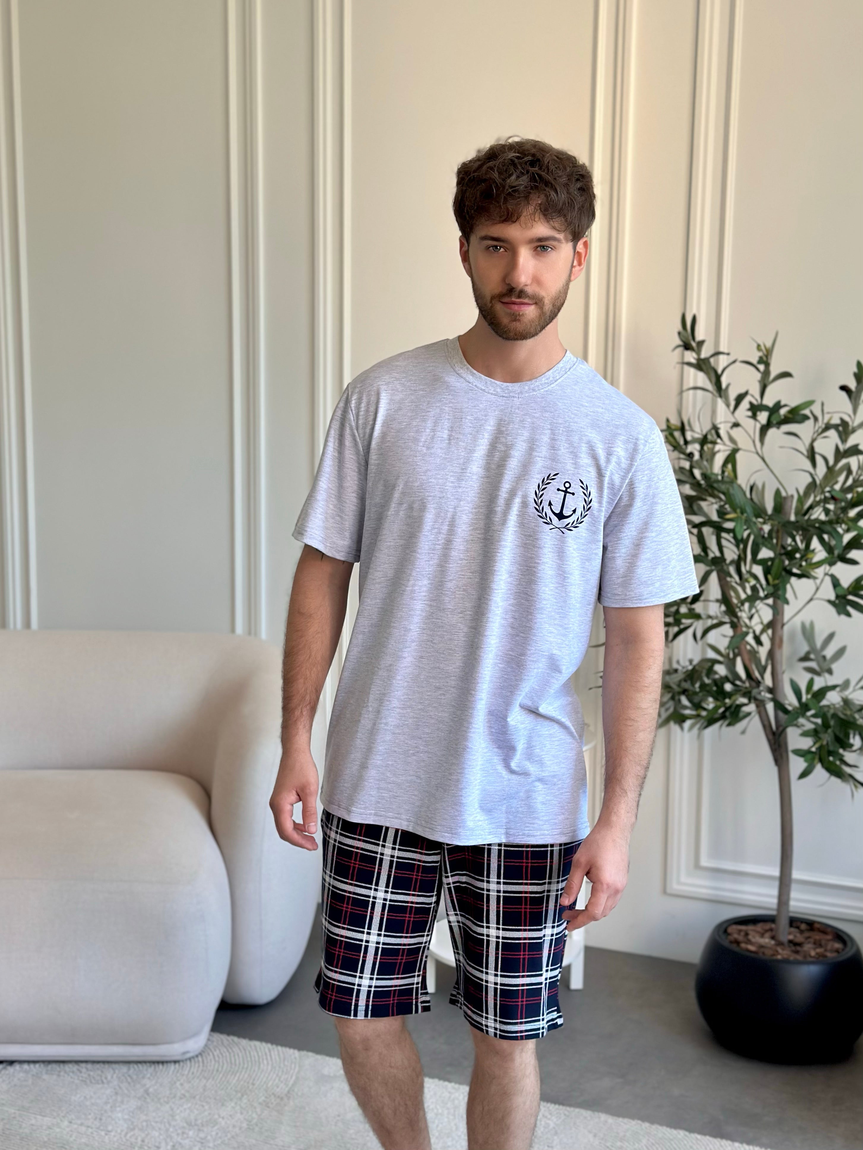Ensemble pyjama en flanelle rouge et bleue pour homme avec poches