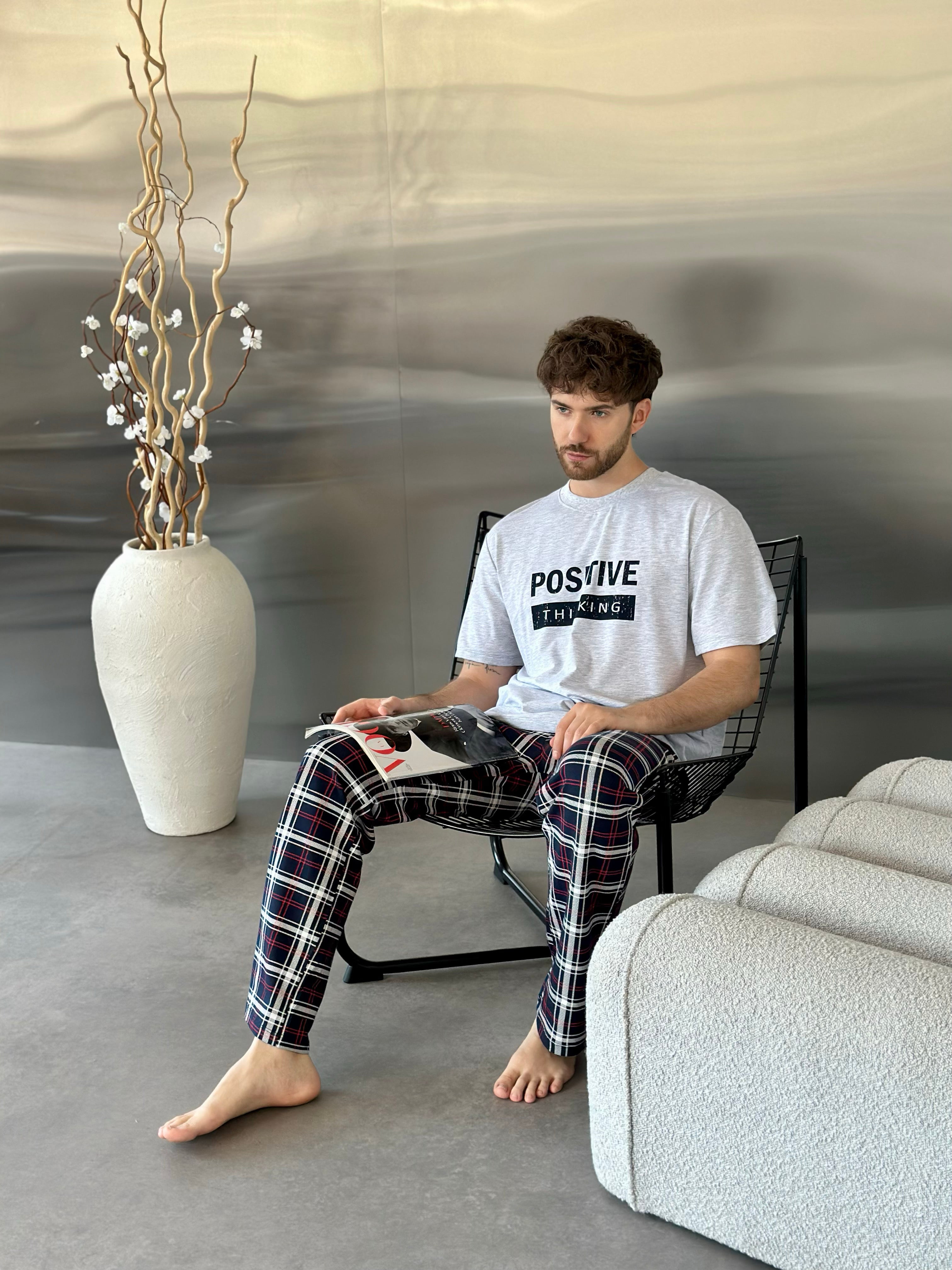 Ensemble pyjama en flanelle rouge et bleue pour homme avec poches
