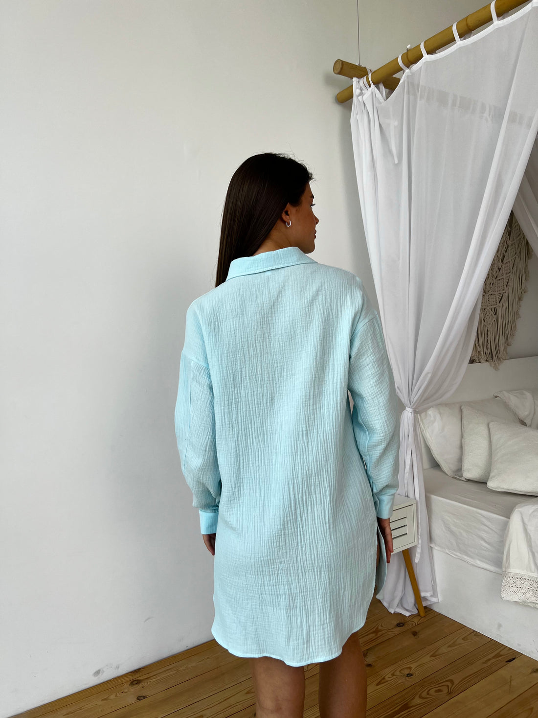 Turquoise Blue Muslin Cotton Oversized Shirt for Women, Relaxed Fit Gauze Blouse VV