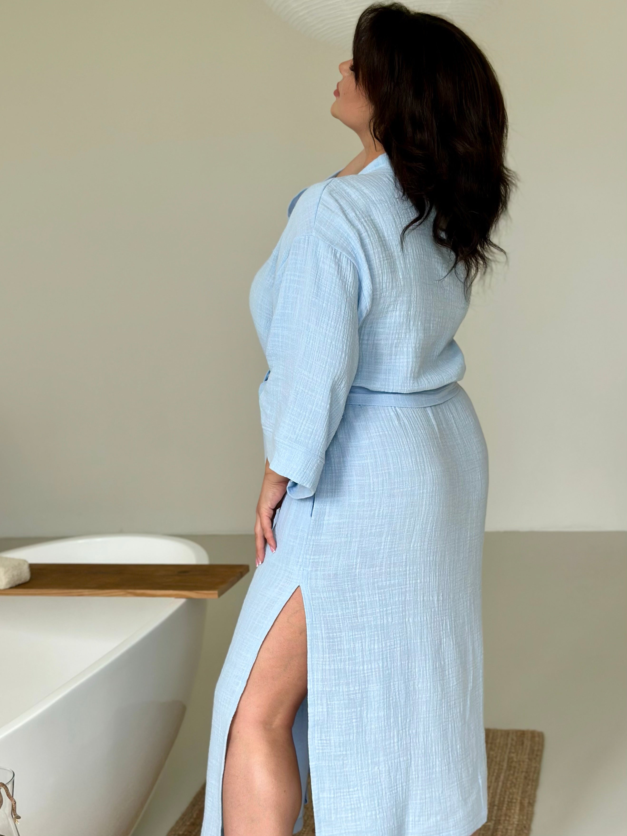 Sky Blue Muslin Pregnant Robe, Long sleeve Big Size Robes, Future Mom Eco-friendly Material Homeware, Large Women Kimono, Pregnant Wife Gift