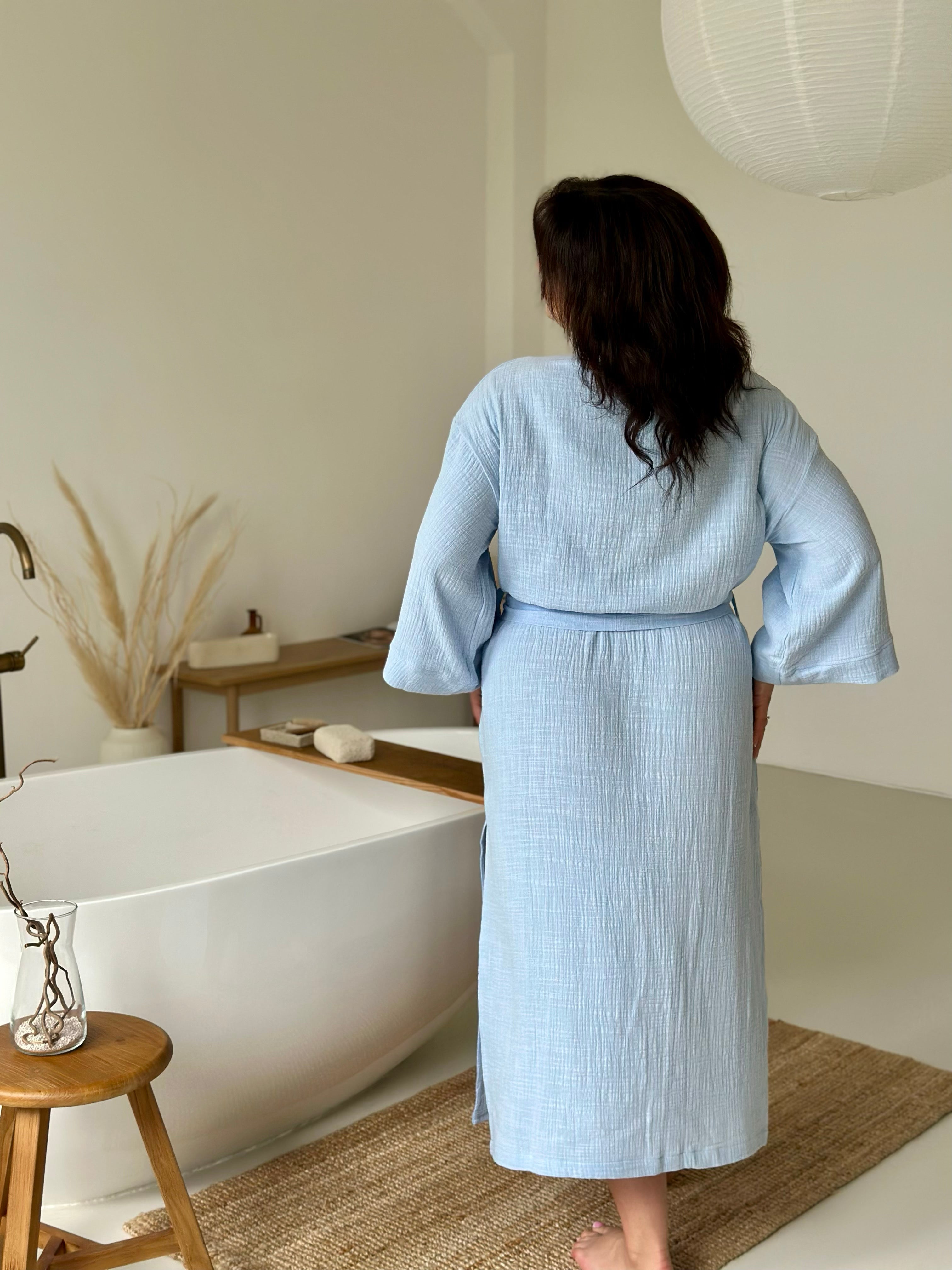 Sky Blue Muslin Pregnant Robe, Long sleeve Big Size Robes, Future Mom Eco-friendly Material Homeware, Large Women Kimono, Pregnant Wife Gift