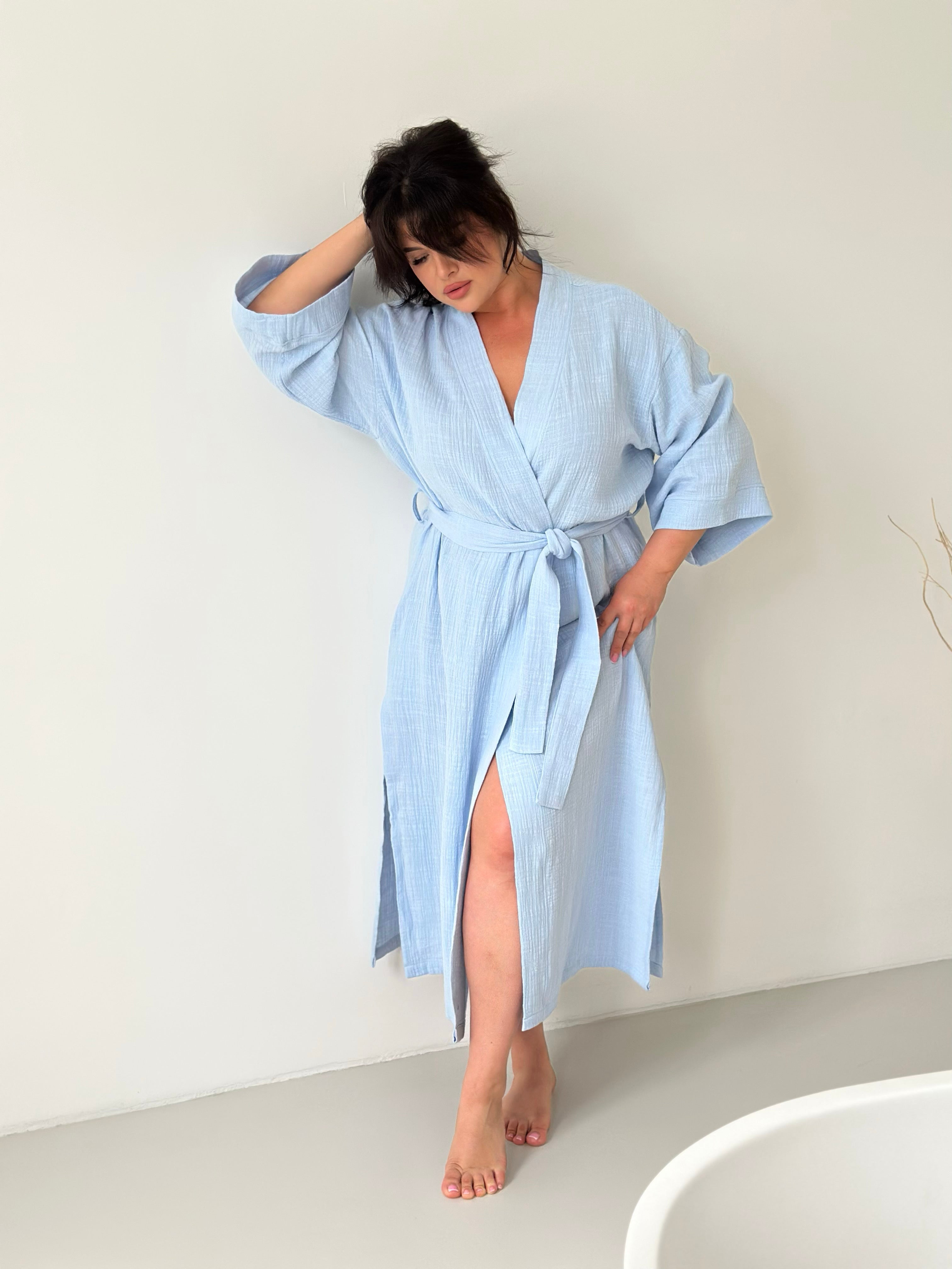 Sky Blue Muslin Pregnant Robe, Long sleeve Big Size Robes, Future Mom Eco-friendly Material Homeware, Large Women Kimono, Pregnant Wife Gift