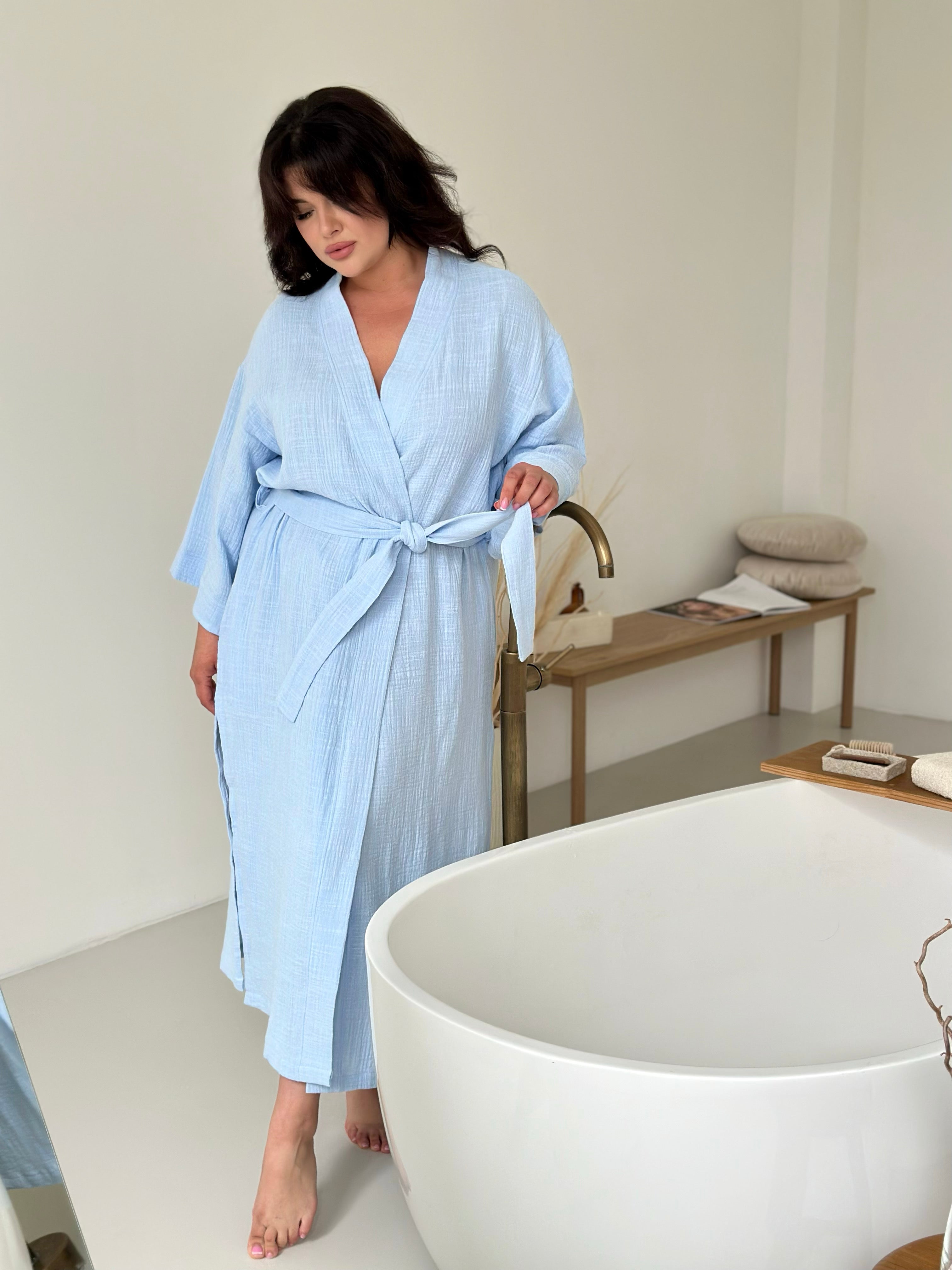 Sky Blue Muslin Pregnant Robe, Long sleeve Big Size Robes, Future Mom Eco-friendly Material Homeware, Large Women Kimono, Pregnant Wife Gift