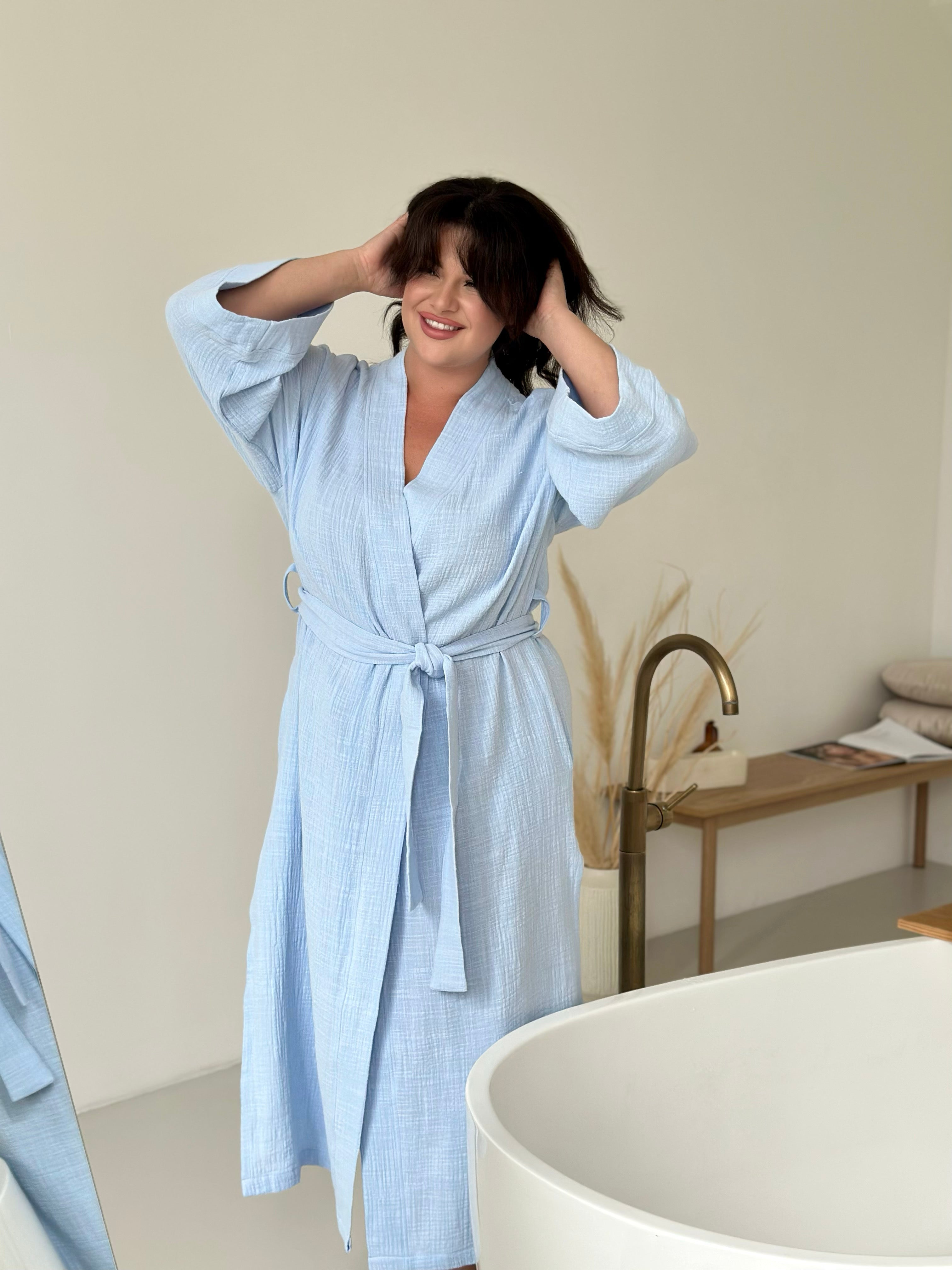 Sky Blue Muslin Pregnant Robe, Long sleeve Big Size Robes, Future Mom Eco-friendly Material Homeware, Large Women Kimono, Pregnant Wife Gift