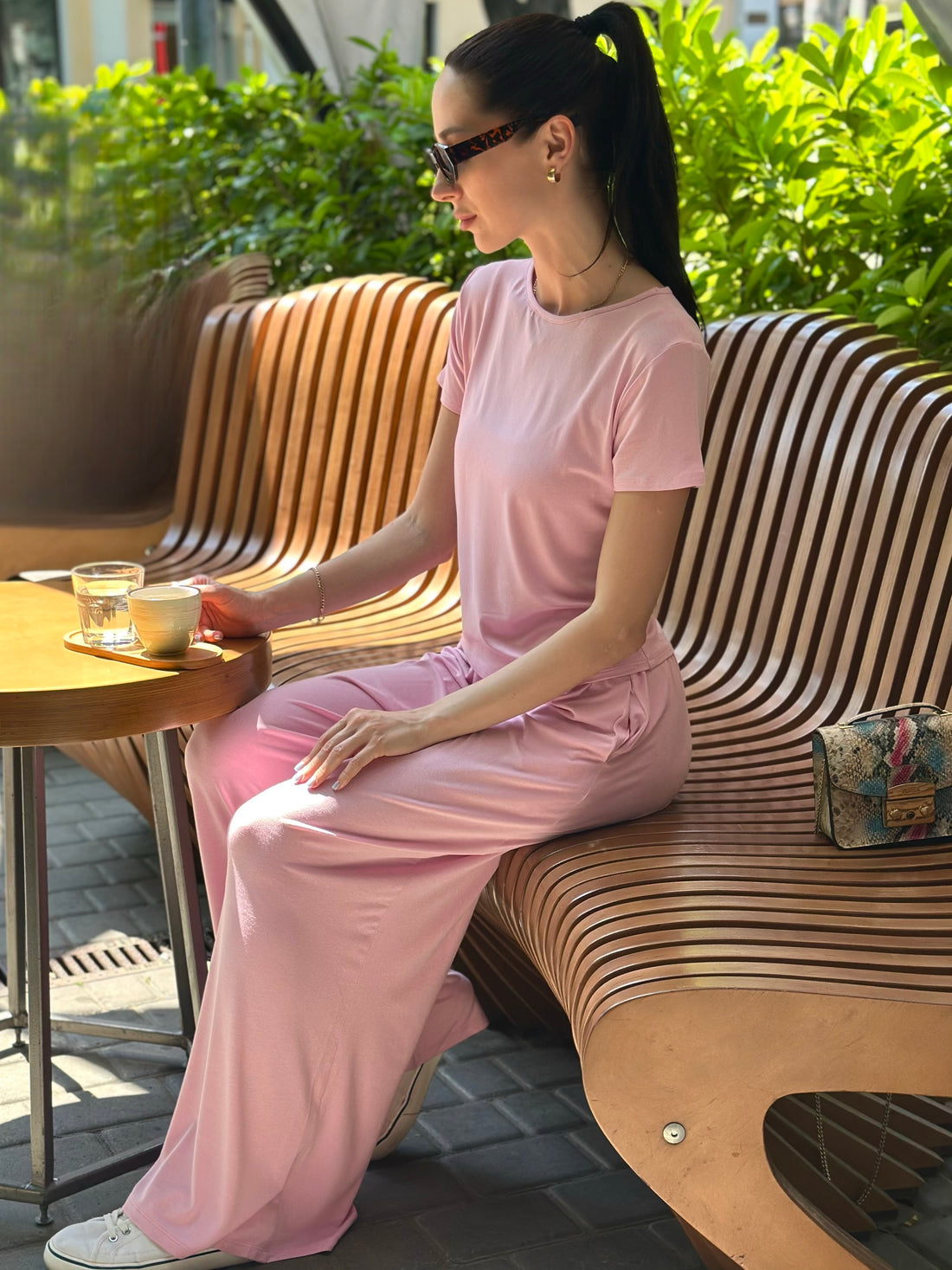 Women Tender Pink Loungewear, T-Shirt & Palazzo Pants, Viscose Pants with tshirt Homeware, Set of 2 pjs, Wife or Girlfriend Gift