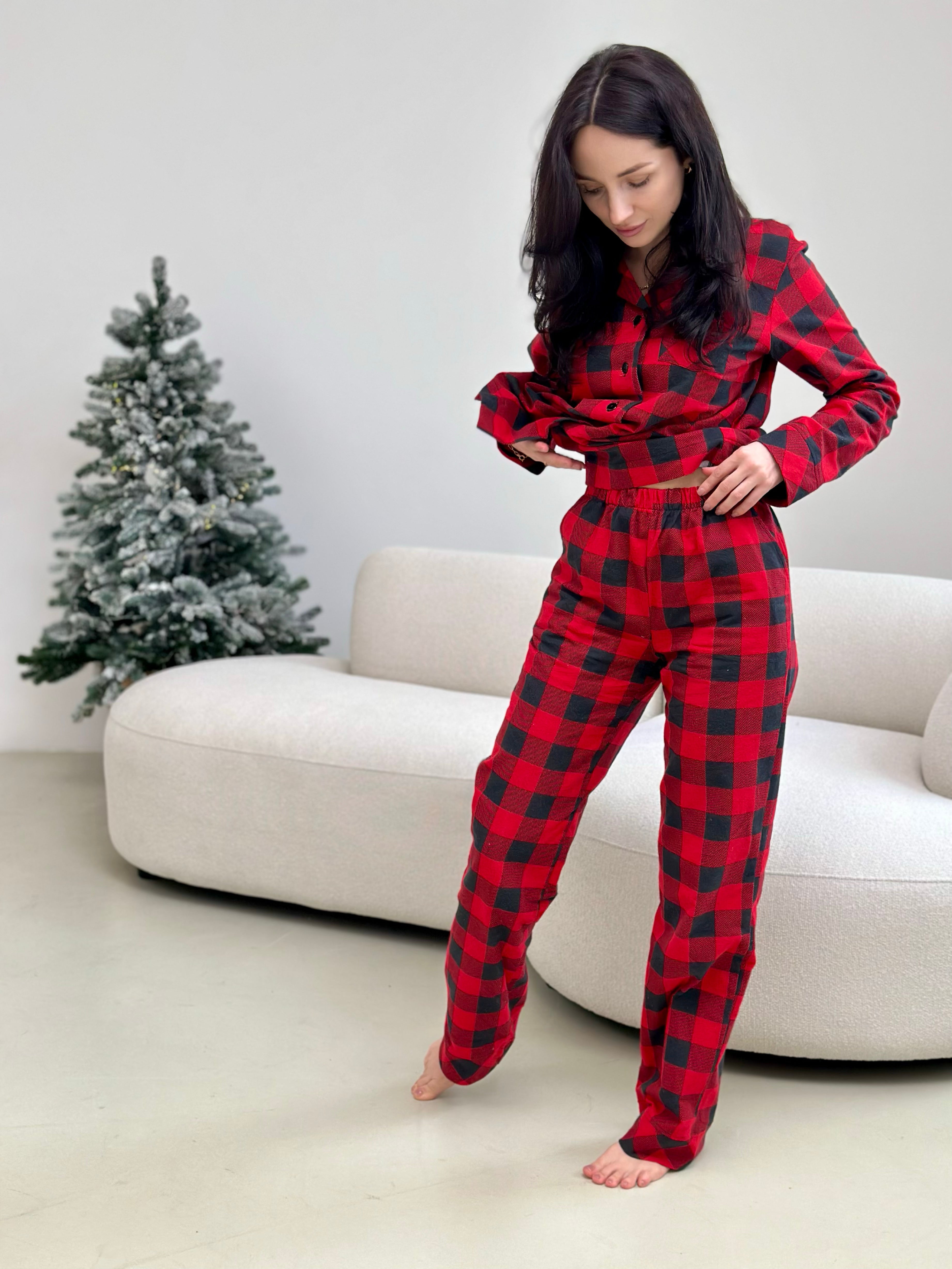 Red Plaid Women pjs, Fall Pajama Set of 2, Warm Autumn Sleepwear, Long Sleeve Eco Cotton Pajama
