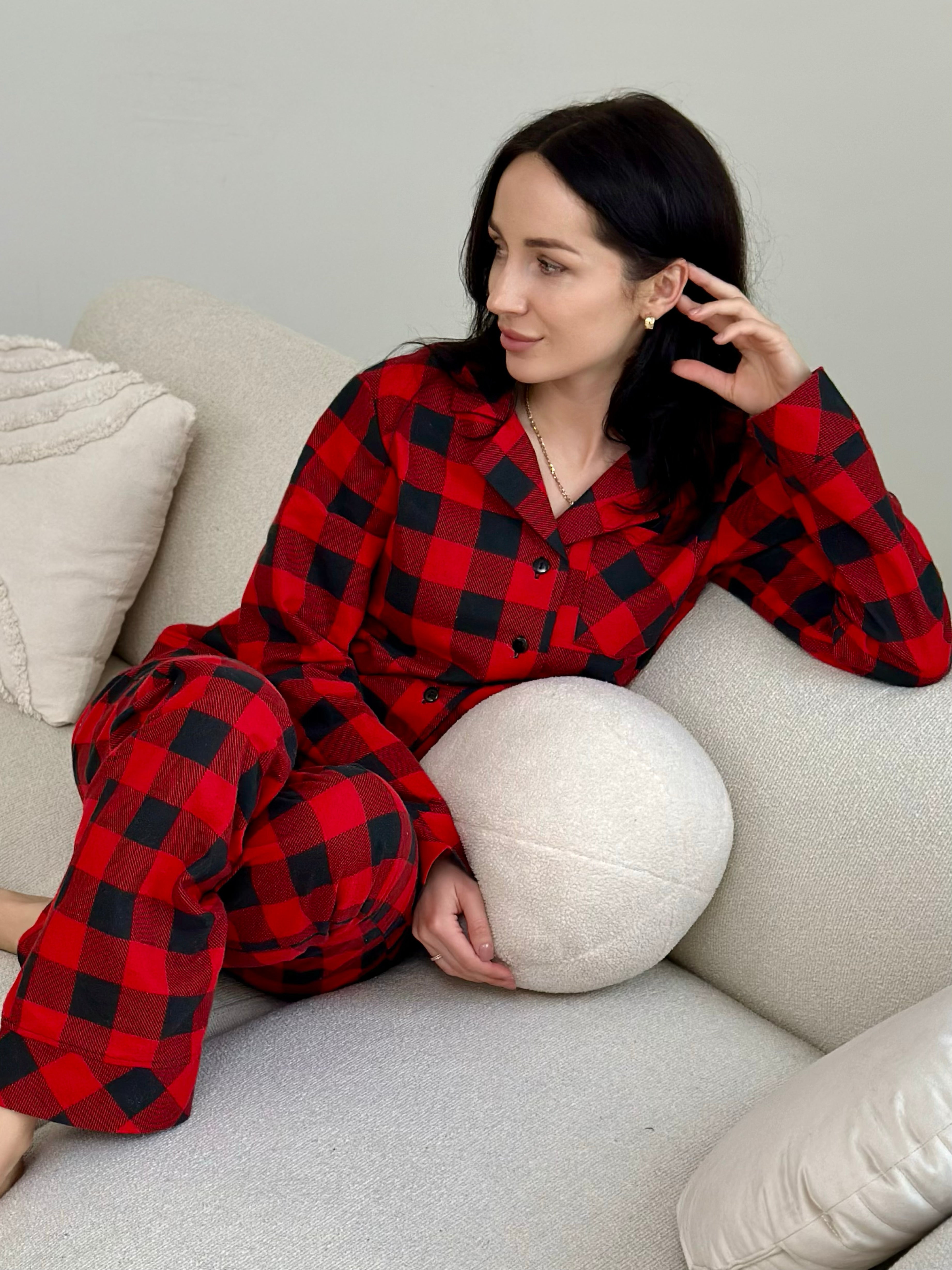 Red Plaid Women pjs, Fall Pajama Set of 2, Warm Autumn Sleepwear, Long Sleeve Eco Cotton Pajama