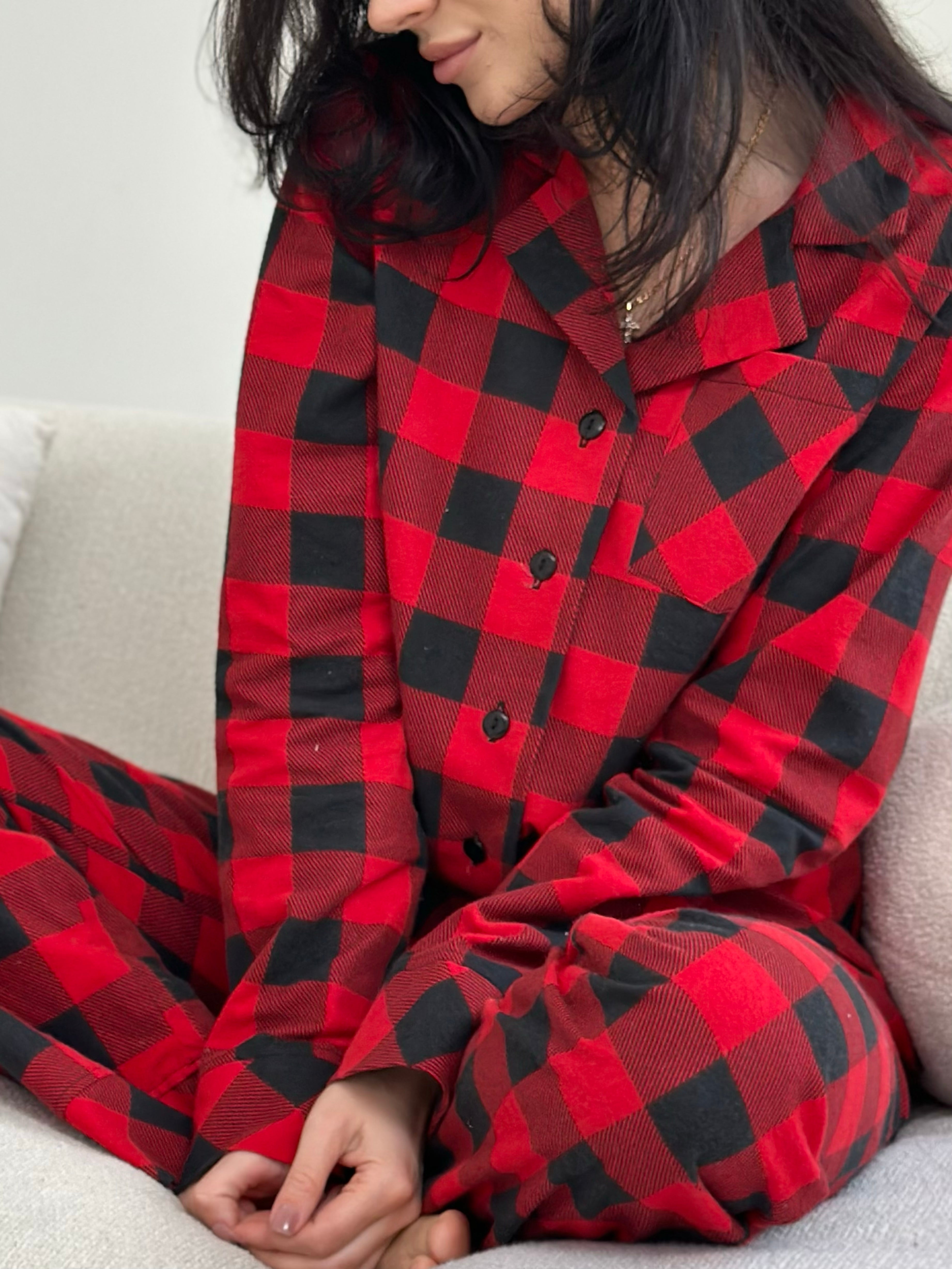 Red Plaid Women pjs, Fall Pajama Set of 2, Warm Autumn Sleepwear, Long Sleeve Eco Cotton Pajama