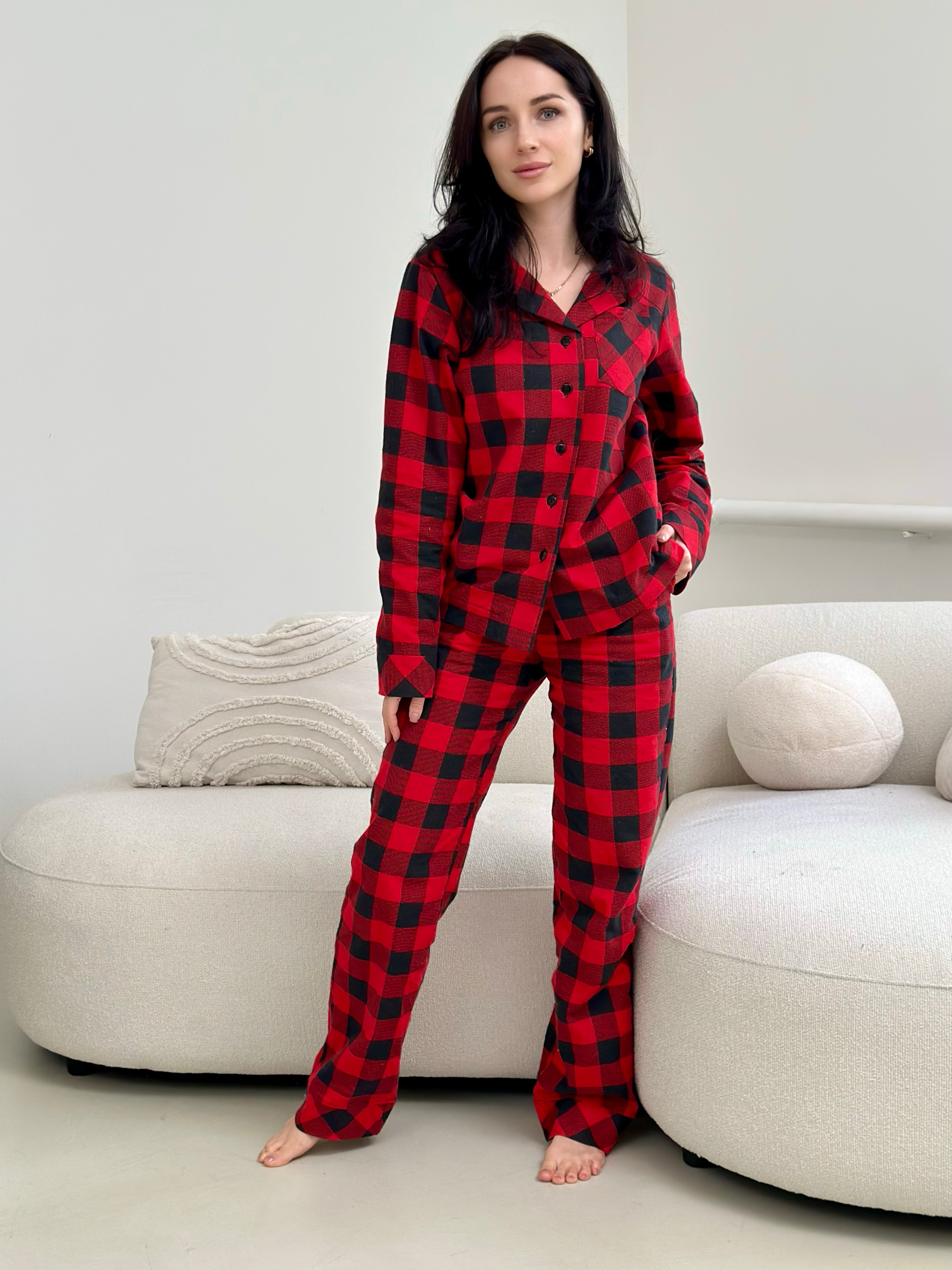 Red Plaid Women pjs, Fall Pajama Set of 2, Warm Autumn Sleepwear, Long Sleeve Eco Cotton Pajama