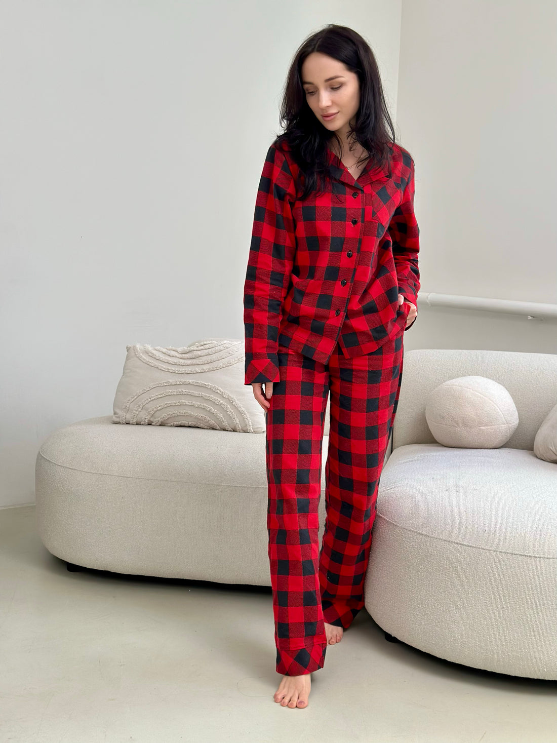 Red Plaid Women pjs, Fall Pajama Set of 2, Warm Autumn Sleepwear, Long Sleeve Eco Cotton Pajama