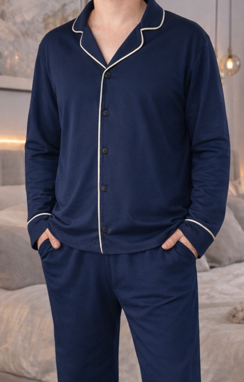 Navy Blue Men Pajama, Pants - Shirt Set, Natural Sleepwear, Long Sleeve Outfit, Homeware for Him, Men pjs