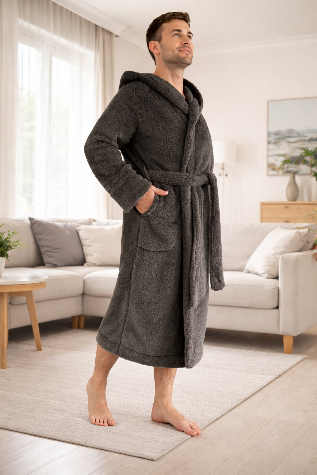 Men Dark Gray Plush Robe, Warm Bath robe with Hood, Fall Soft Sparobe, Autumn Long Sleeve Robe, Husband Birthday Gift