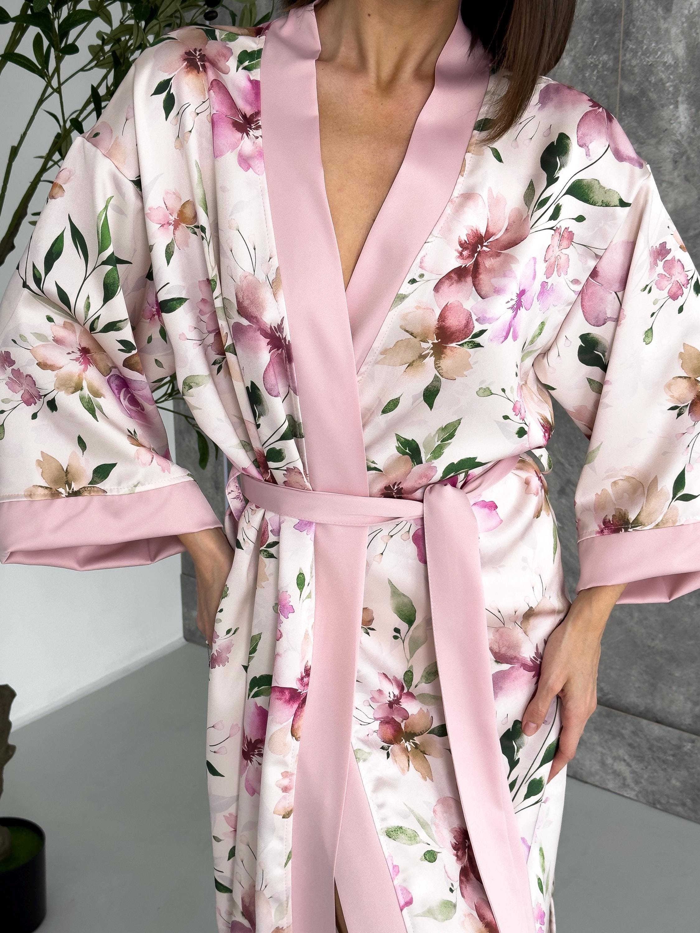 Floral Pink Satin Kimono for Women