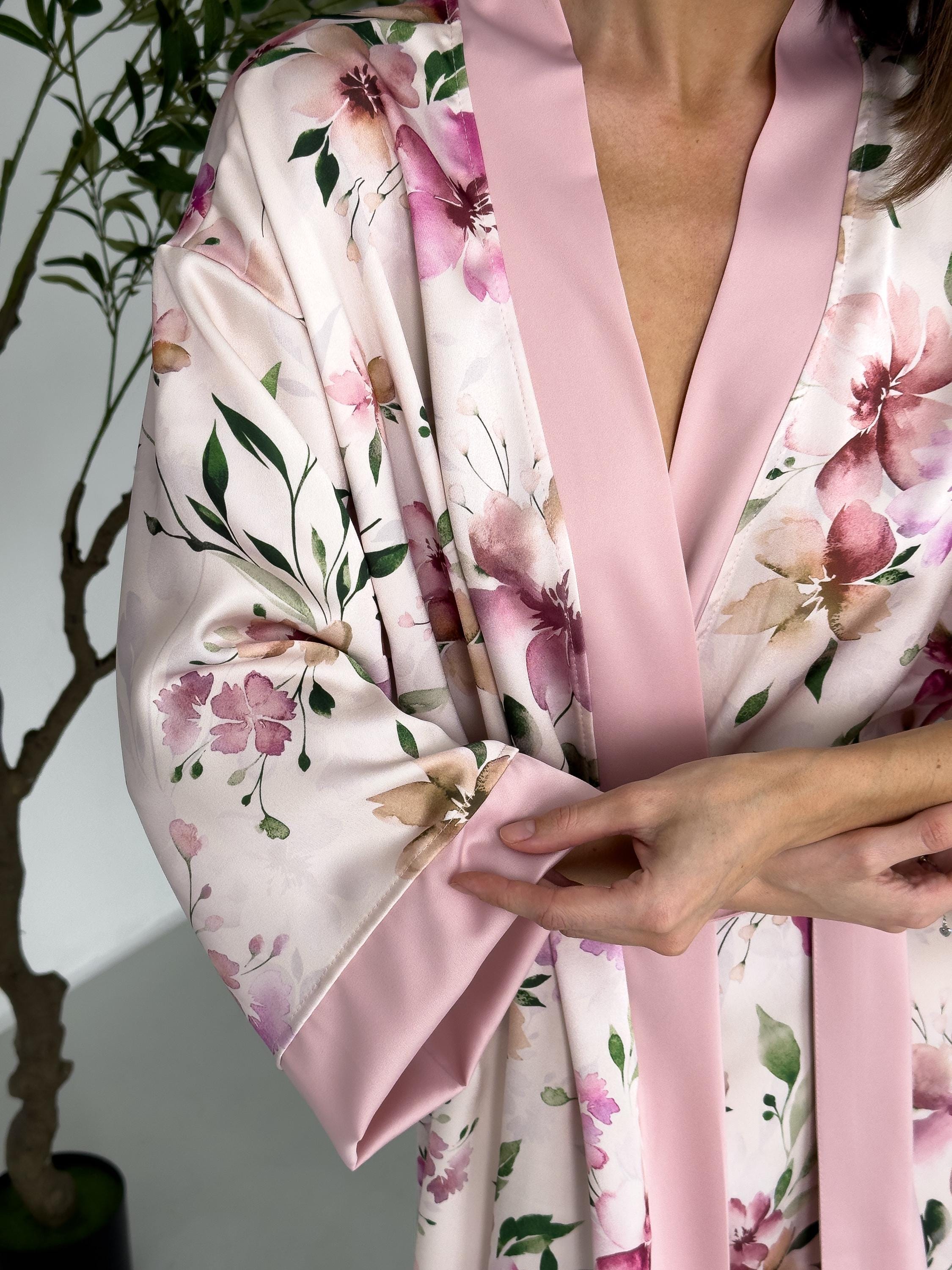 Floral Pink Satin Kimono for Women