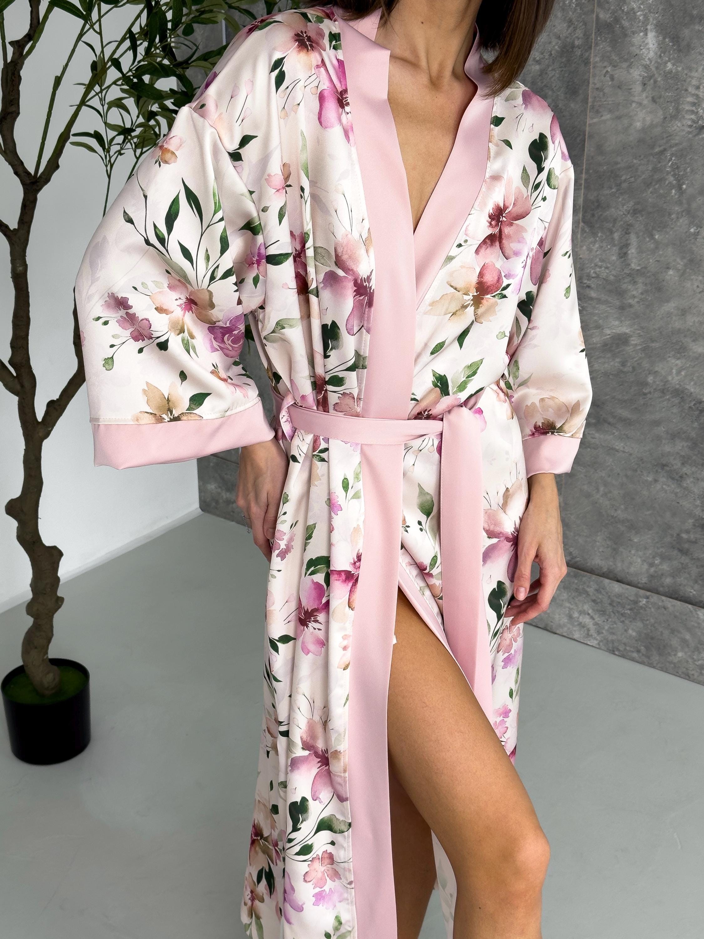 Floral Pink Satin Kimono for Women