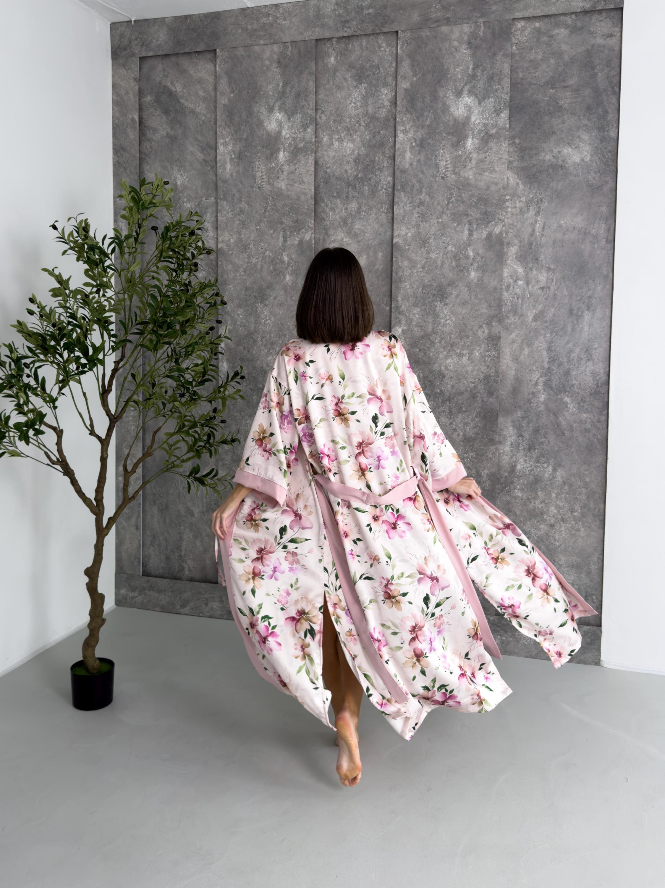 Floral Pink Satin Kimono for Women