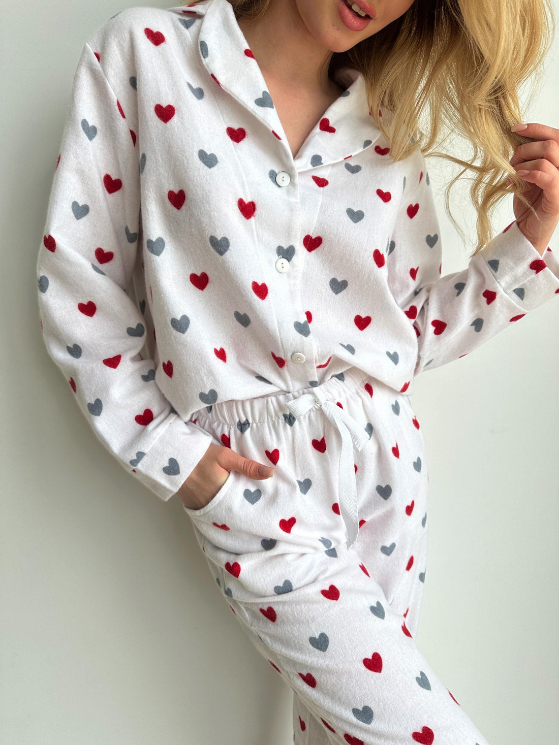 Women's Pink Pajama Set with Red Hearts